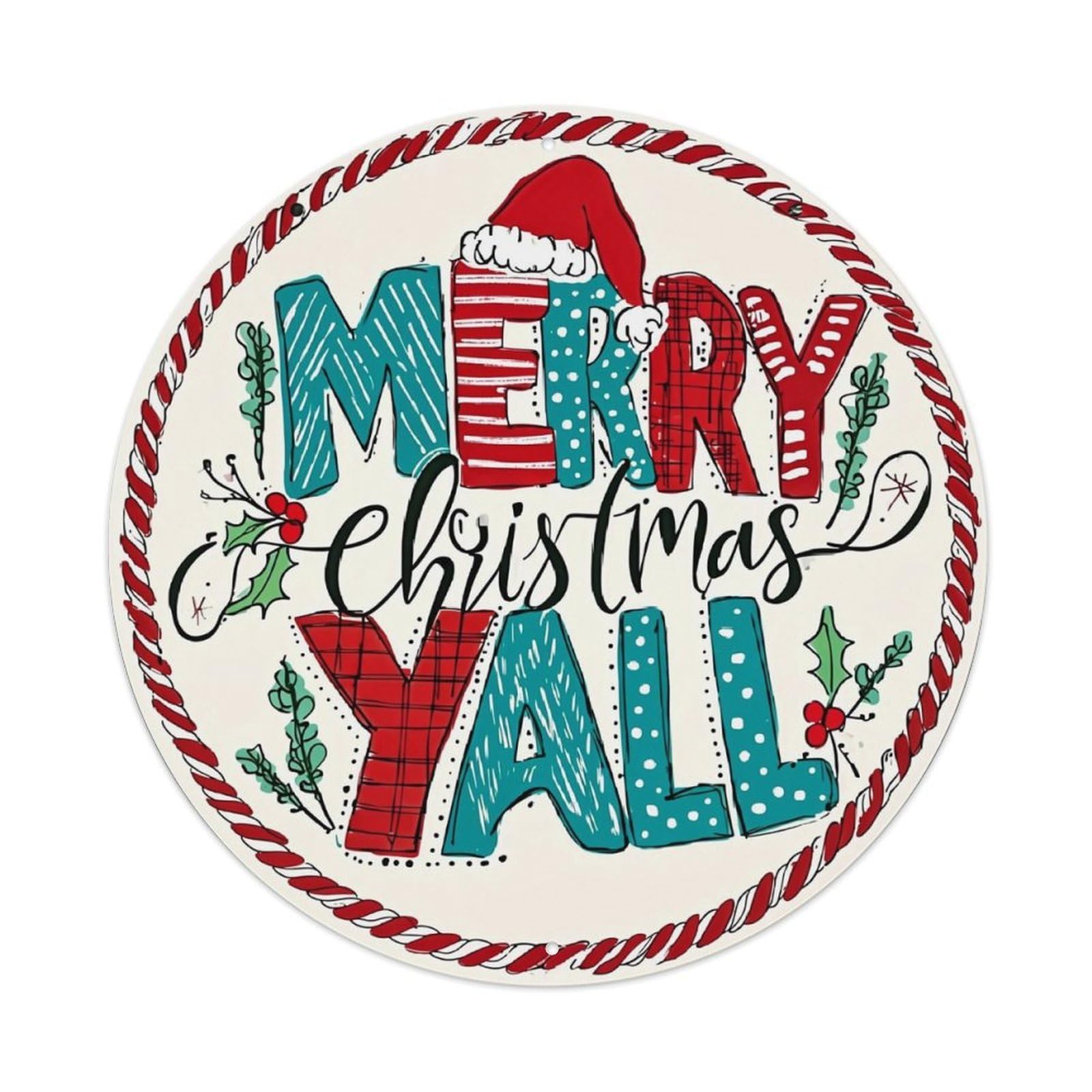 Merry Christmas Yall Pattern Print Retro Metal Sign Round Tin Sign, Vintage Decor Art Poster for Bar, Home, Man Cave, Kitchen, Laundry Room Gift 8x8Inch