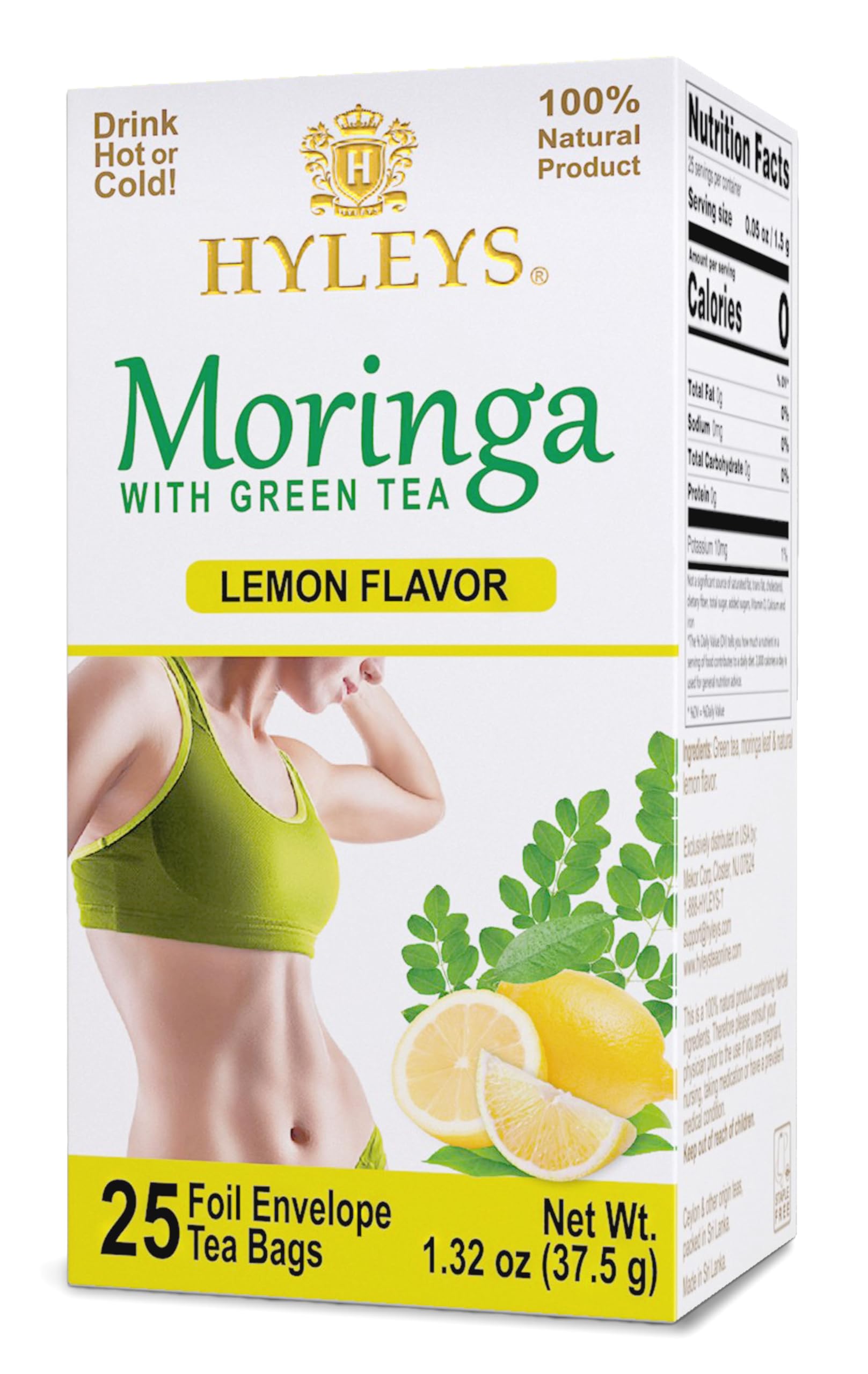 HYLEYS Moringa Green Tea, Lemon Flavor, 100% Natural, Vegan, 25 Tea Bags Lemon 25 Count (Pack of 1)
