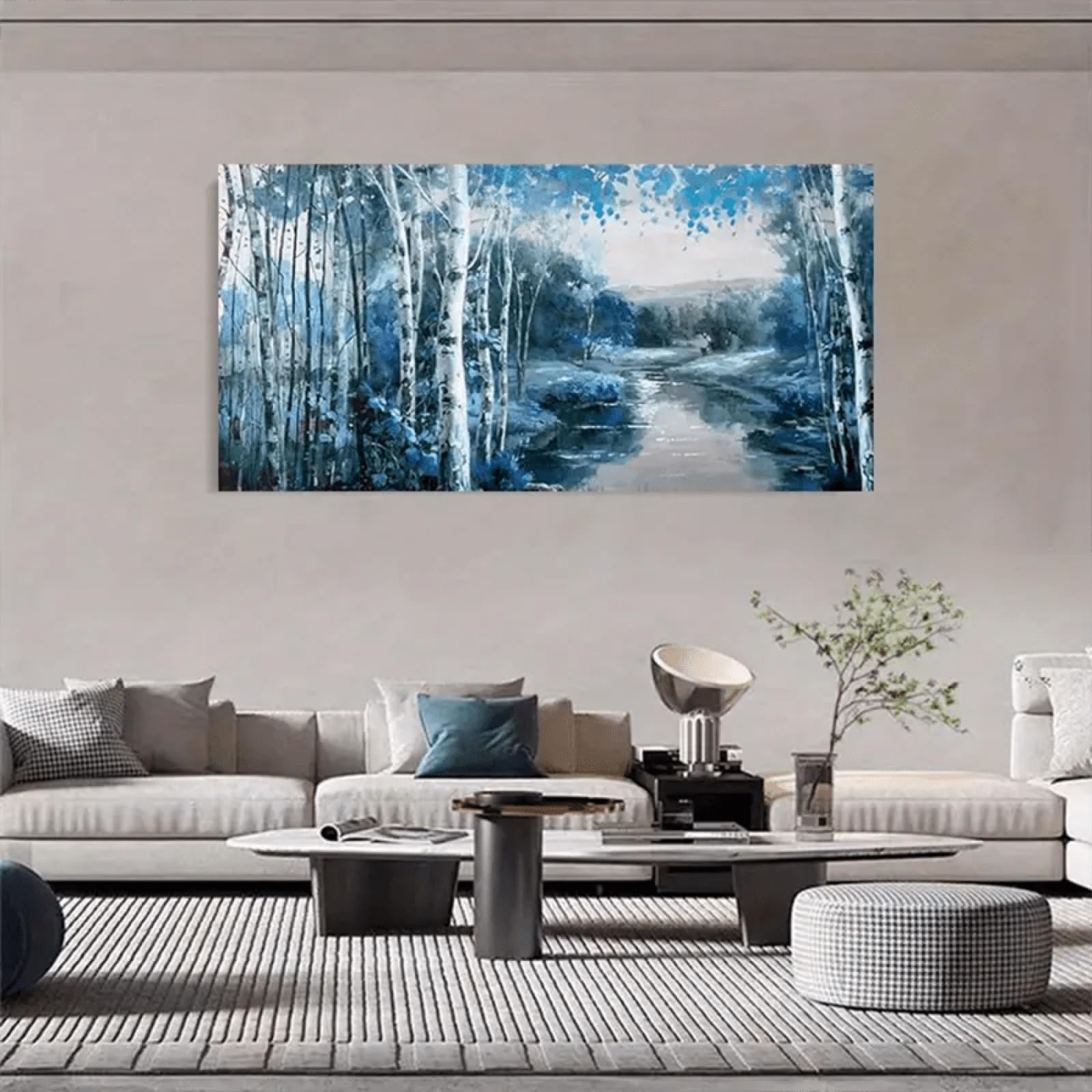 Stampa artistica su tela con paesaggio della foresta di betulle blu incorniciata, poster su tela moderno della fattoria per la decorazione della parete del soggiorno 50x100 cm (20x39 pollici) con cornice