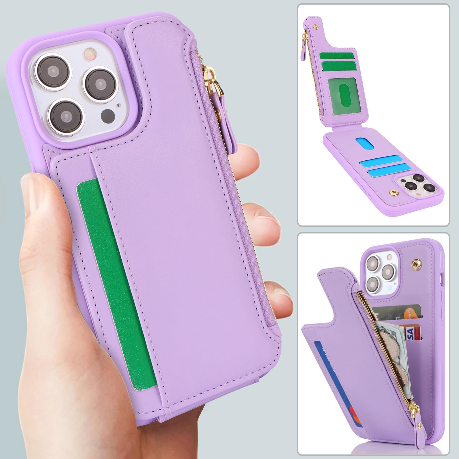 Cavor for iPhone 14 Pro Max Case with Card Holder,iPhone 14 Pro Max Wallet Case for Women Men,Phone Case iPhone 14 Pro Max Case with Wallet,Leather Magnetic Clasp Zipper Pocket Card Slots Cover-Purple