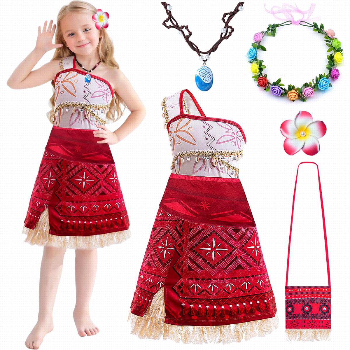TOLOYE – Disfraz De Princesa Vaiana Para Niña, Set De 5 Piezas Con Corona, Collar Y Bolso, Para Carnaval Y Cosplay