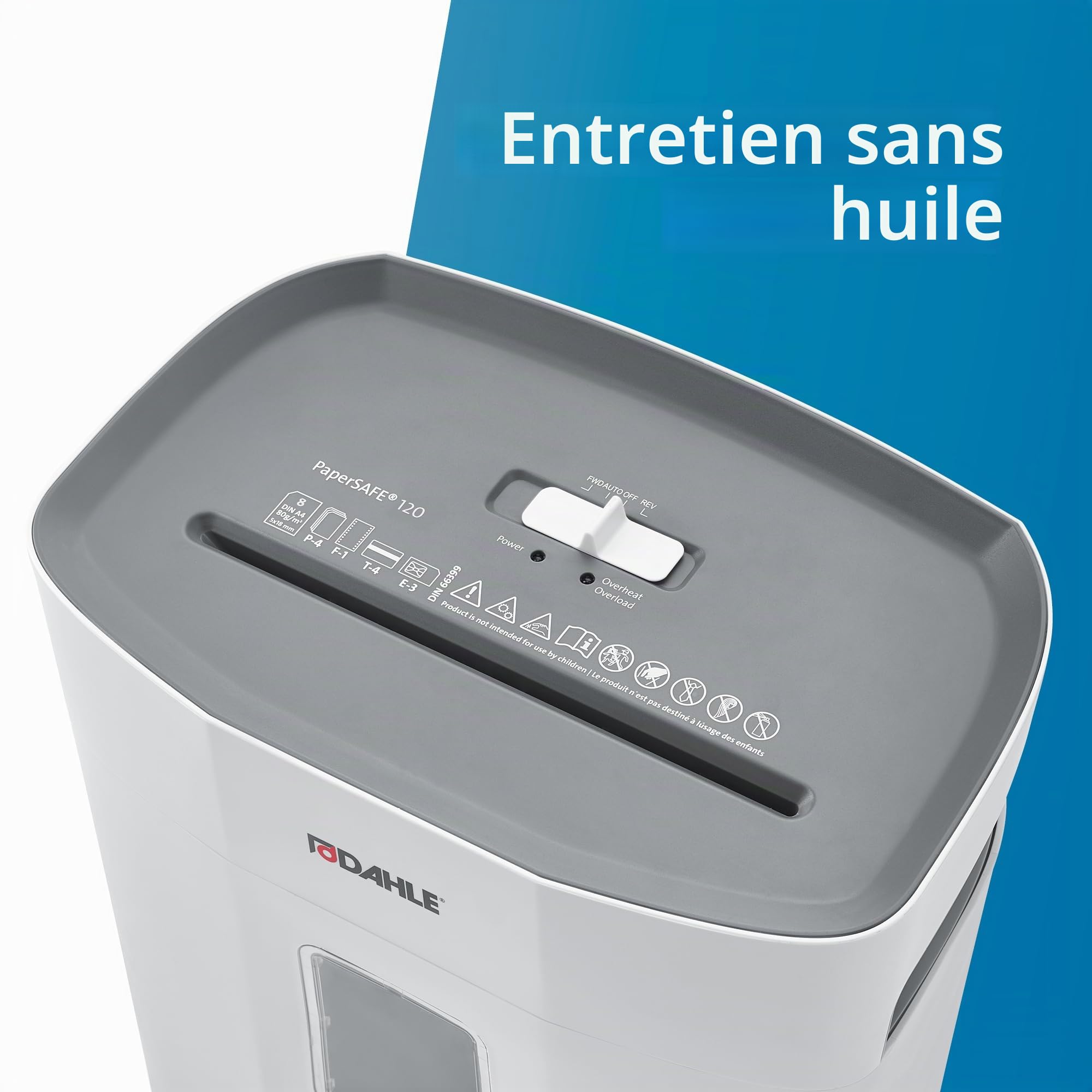 Dahle PaperSafe PS 100 Destructeur de documents (5 feuilles, niveau de sécurité P4, coupe croisée, sans huile et sans entretien, 12 l) Gris