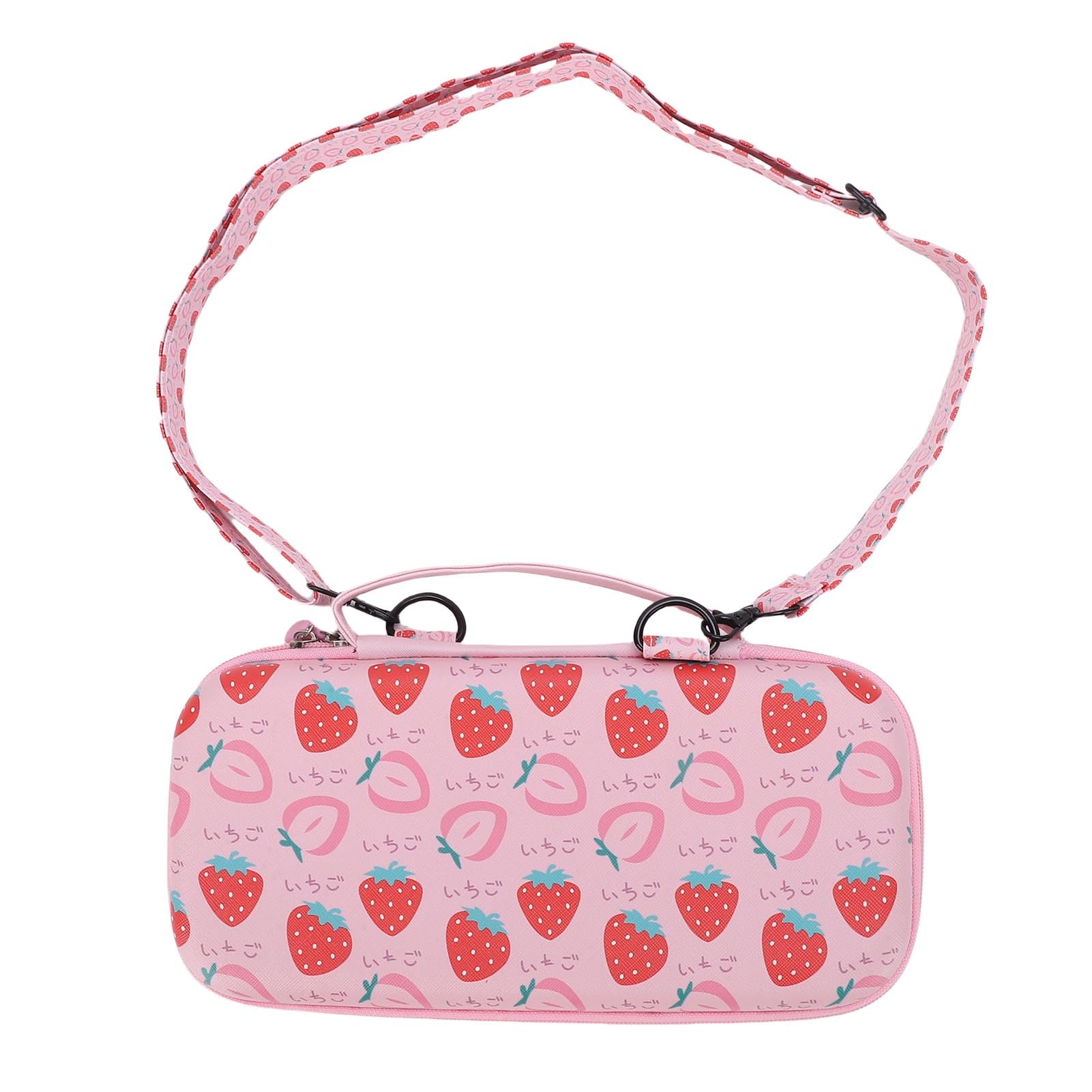 Ejoyous Custodia per Console di Gioco Portatile, Custodia Rigida per Console di Gioco Portatile in EVA con 12 Slot per Schede Tasca in Rete da Viaggio Rosa Fragola per 2 Ragazze (con cinturino)