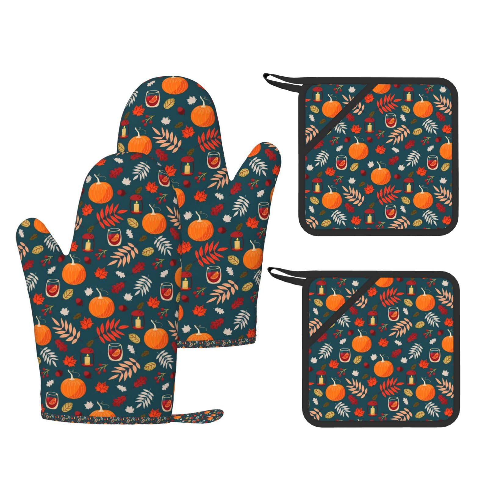 Ensemble de Quatre Gants et maniques résistants à la Chaleur, Gants de Cuisine antidérapants, maniques de Four, Motif Citrouille « Joyeux Thanksgiving »