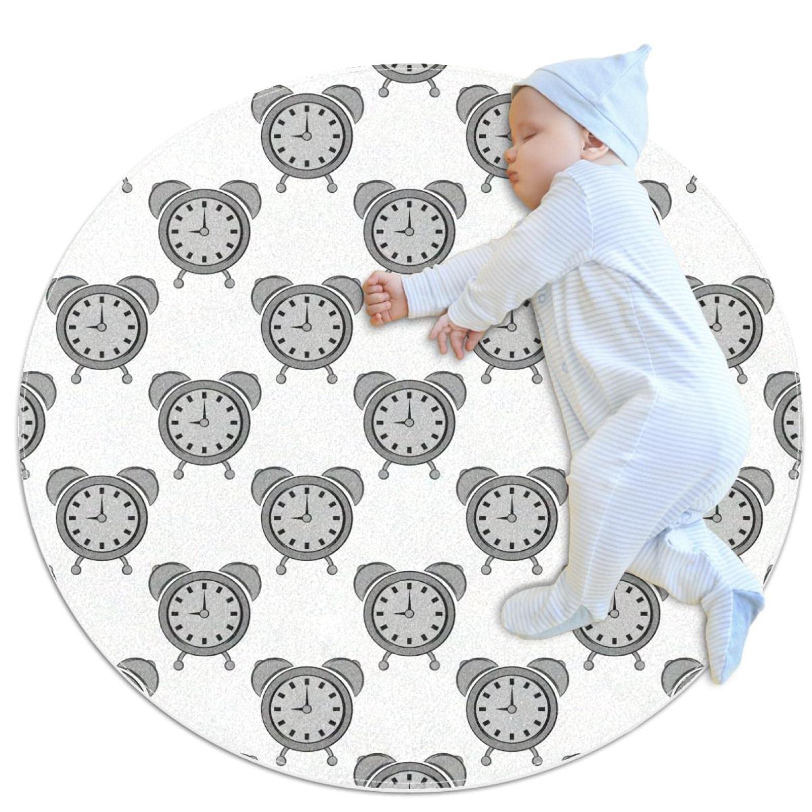 Tapis rond gris 1m avec réveil pour chambre enfant et salle de bain