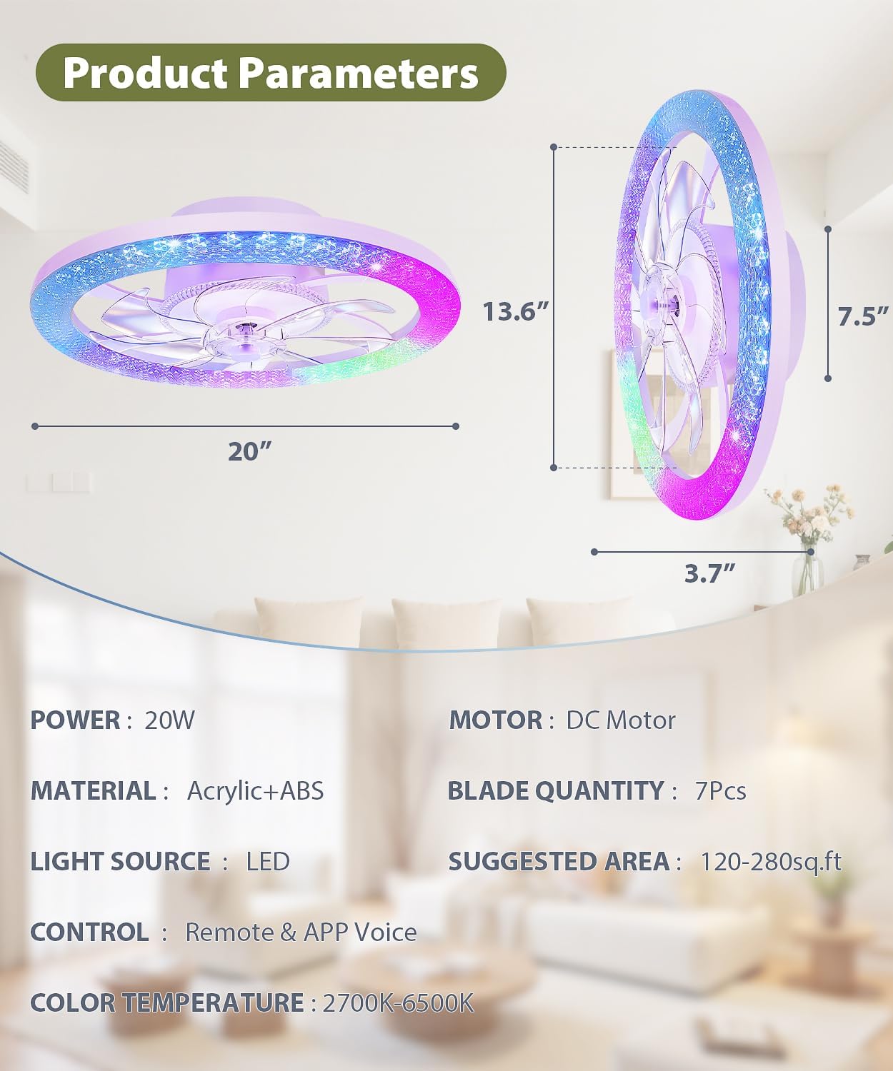 20” Low Profile Ceiling Fan with Light - 2-in-1 Bladeless Safety Design for Kids, RGB+CCT Dimmable, Smart APP/Remote Control, Quiet Flush Mount DC Motor, Ideal for Bedroom/Living Room/Kitchen