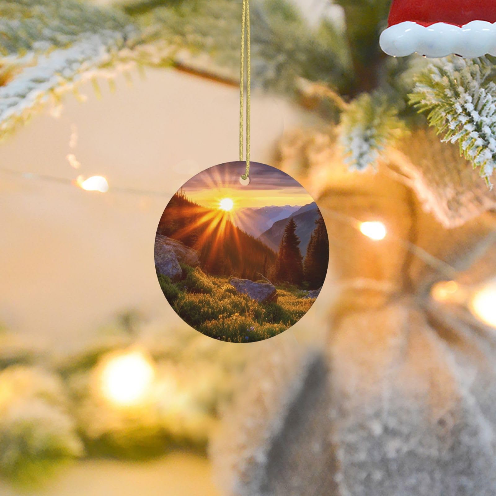 Christmas Tree Ornaments Ceramics Christmas Round Decorations Rocky Mountain Sunset Sunshine Ceramics Ornaments Circle Pentagram Xmas Tree Hanging Pendant for Christmas Tree Party Holiday Home Decor