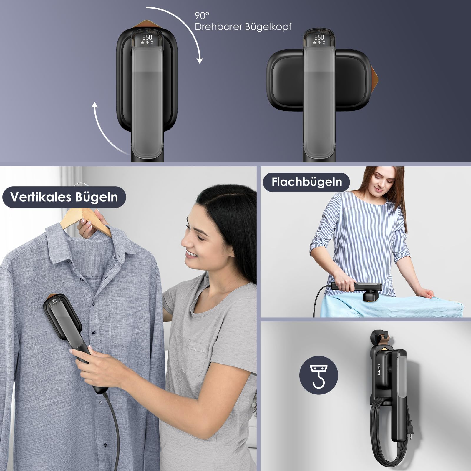 FEPPO Steamer Dampfglätter, 110-240V Dual Voltage Reise Dampfglätter, 2 in1 Tragbarer Handheld Steamer &Dampfbügeleisen, 15s Schnellaufheizung, 1100W Dampfbürste für Globale Reise &Urlaub
