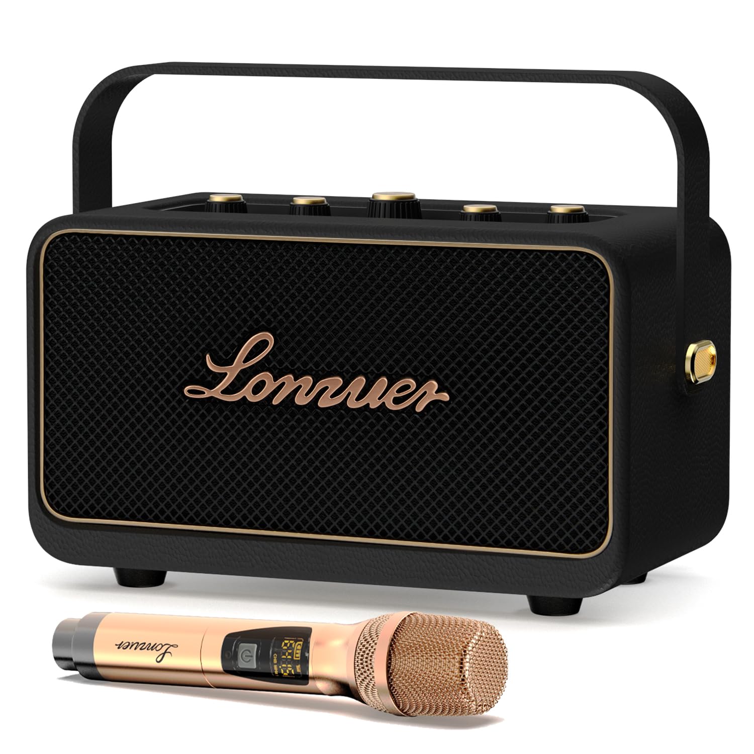 Lonzuer No Distortion 10000mAh Rechargeable 80W Retro Portable Wooden Bluetooth Speaker with Wireless Microphone USB AUX Input for Adults Home Party Classroom (Black)