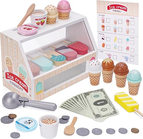 Juego de madera para contador de helado para niños, juguetes de cocina para niñas pequeñas, juegos de juegos de simulación, regalos para niñas o