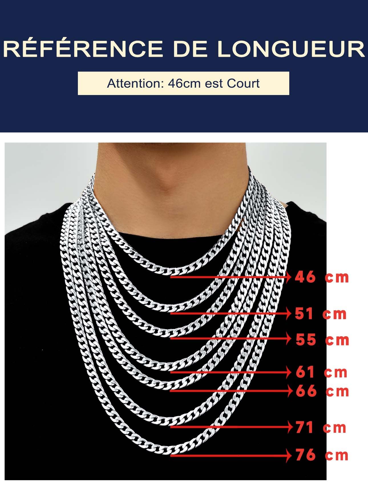 Suplight Chaîne Homme Acier Inoxydable Maille Cuabine-Largeur 4/6/9mm- Chaine Gourmette pour homme Taille 46/51/56/61/66/71/76cm