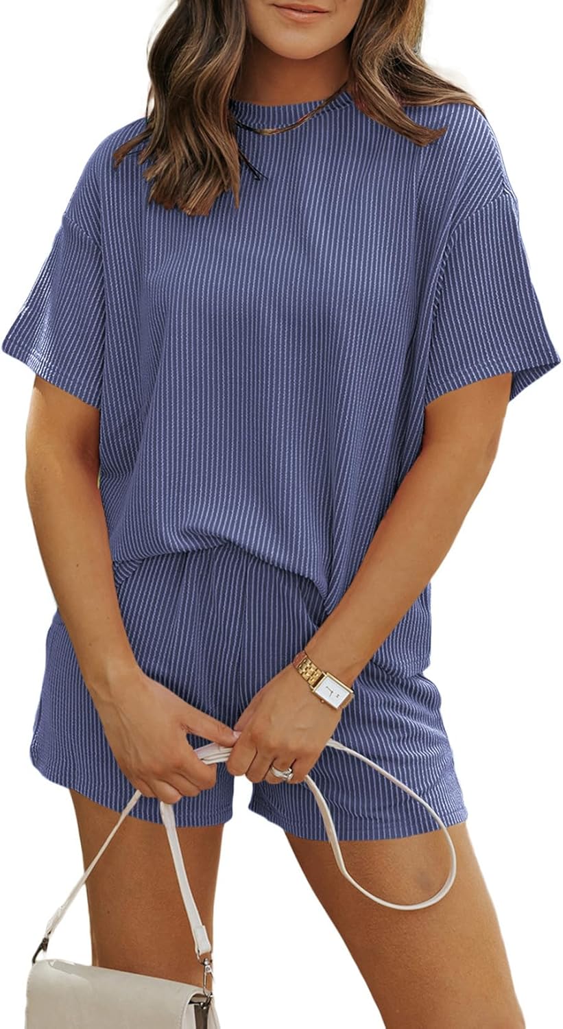 MARZXIN Women 2 Piece Shorts Set 2026 Casual Summer Cruise Outfits Ribbed Loose Short Sleeve Pocket Matching Lounge Sets