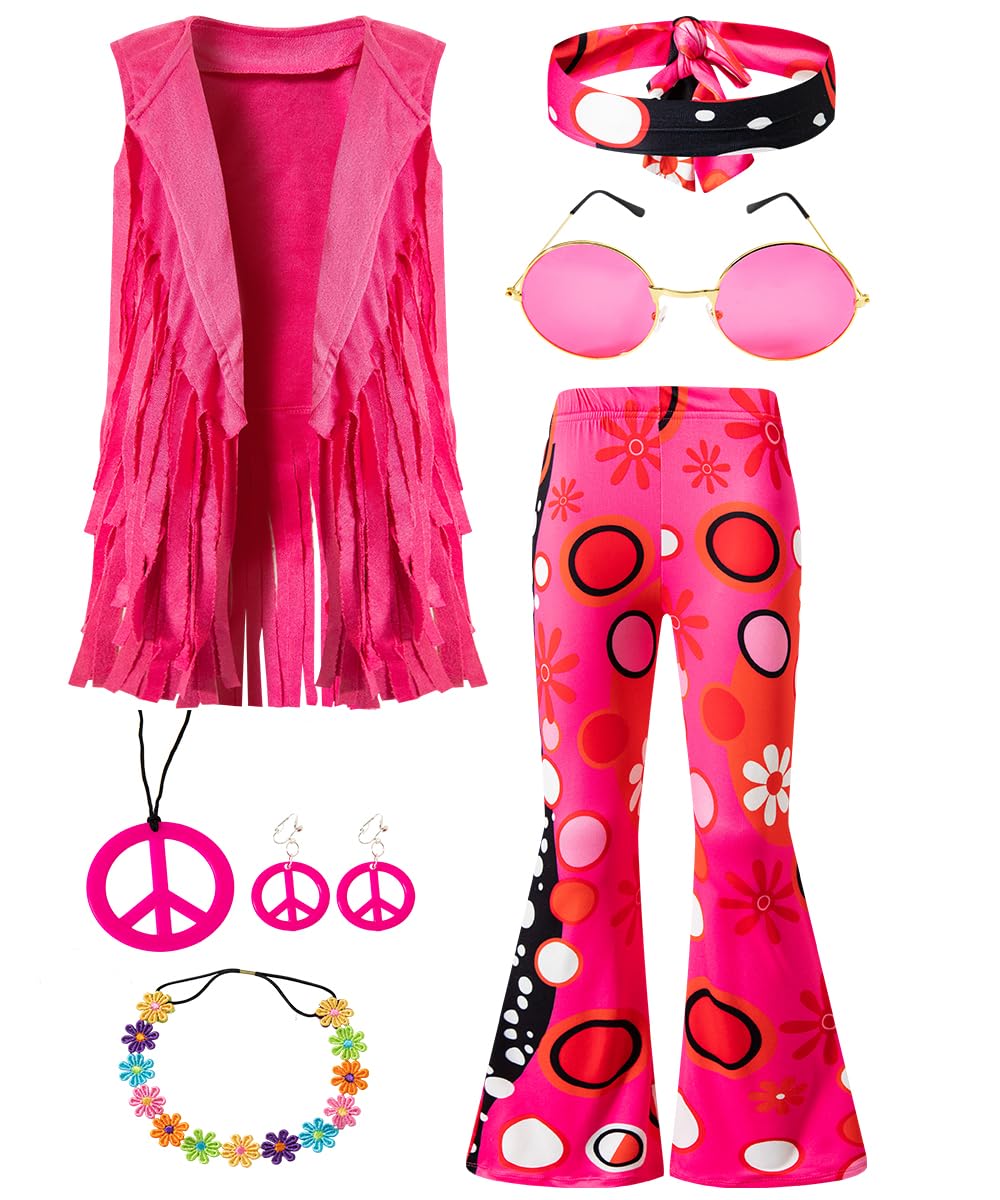IWALUE 60s 70s Hippie Outfits Kids Girls Costume Fringe Vest Peace Flared Pants Accessories Set