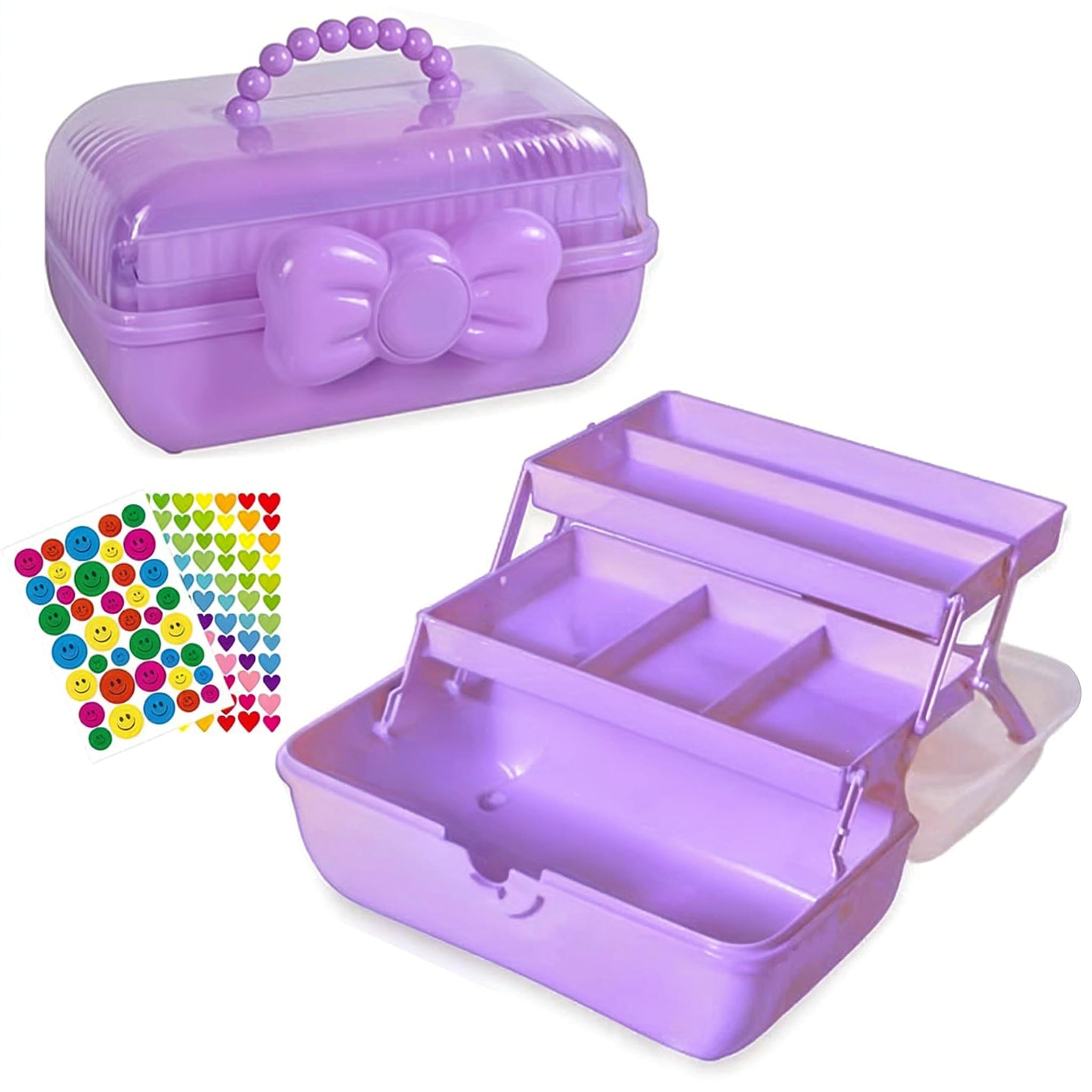 DasKid Craft Storage Box with Handle, 3 Layer Multipurpose Storage Box With Compartments - Organiser Box - For Jewelry Cosmetics Craft - Beauty - Sewing and Medicine Storage (Purple Box)