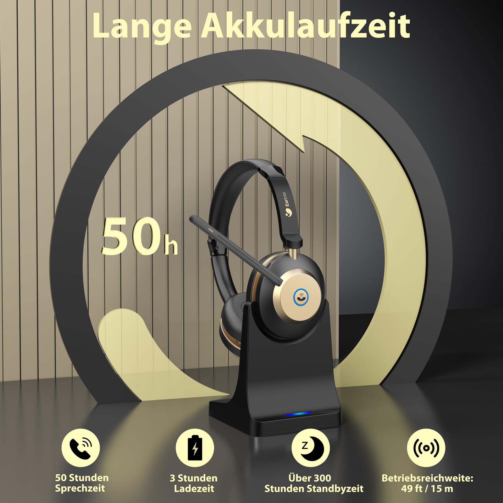 Earbay Kabelloses Headset, Bluetooth Headset mit Mikrofon Rauschunterdrückung & USB-Dongle, Kabellose mit Mikrofon Stummschaltung & Ladestation für Computer/Büro/Meeting/Call Center/Home/Office