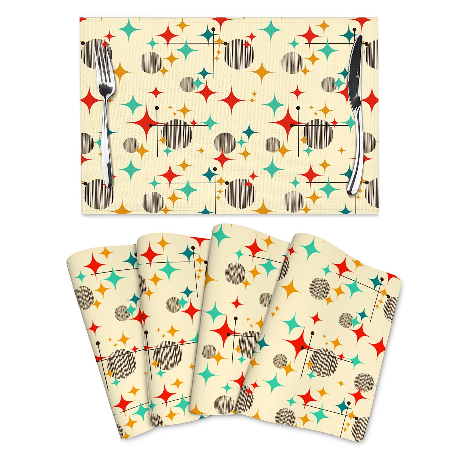 Mid Century Modern Atomic Retro Placemats Set of 4, Yellow Table Mats Heat Resistant Washable Placemat for Kitchen Dining Table Holiday Home Decor