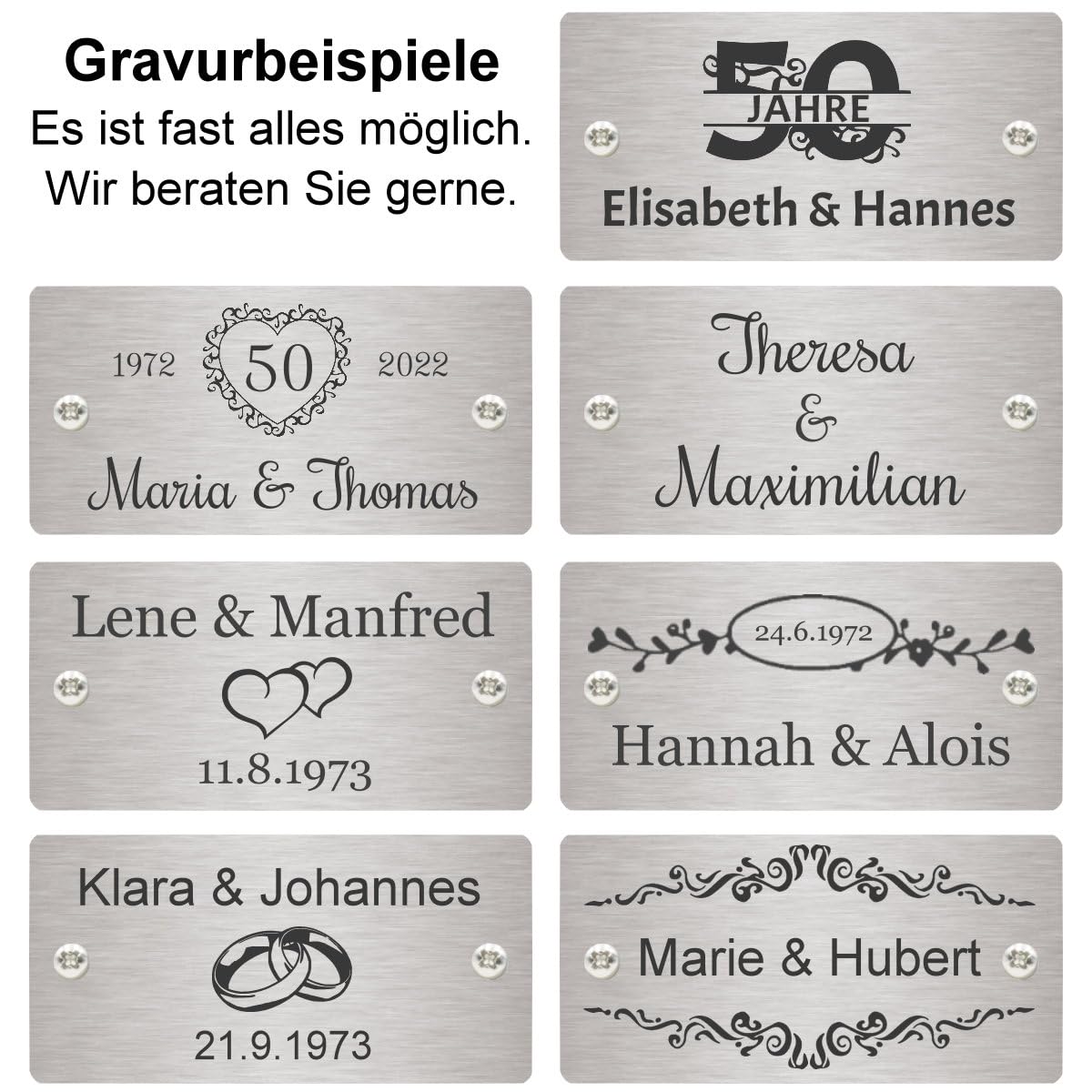 Goldene Hochzeit Bank mit Gravur-Schild zB Herzen (Namen), Gartenbank Anker 120cm Teakholz, Edelstahlschild personalisiert Geschenk-Idee 50. Hochzeitstag