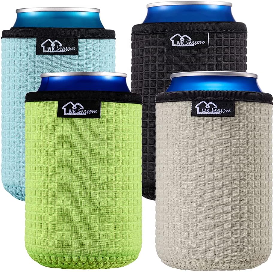 WKieason 12oz Standard Can Sleeves Insulators Sleeves Standard Can Covers 12OZ Beer Bottle Sleeves Coolers Holder Non-slip Neoprene Can Coolier Sleeves 4PC Pack (Green/Light blue/Grey/Black)