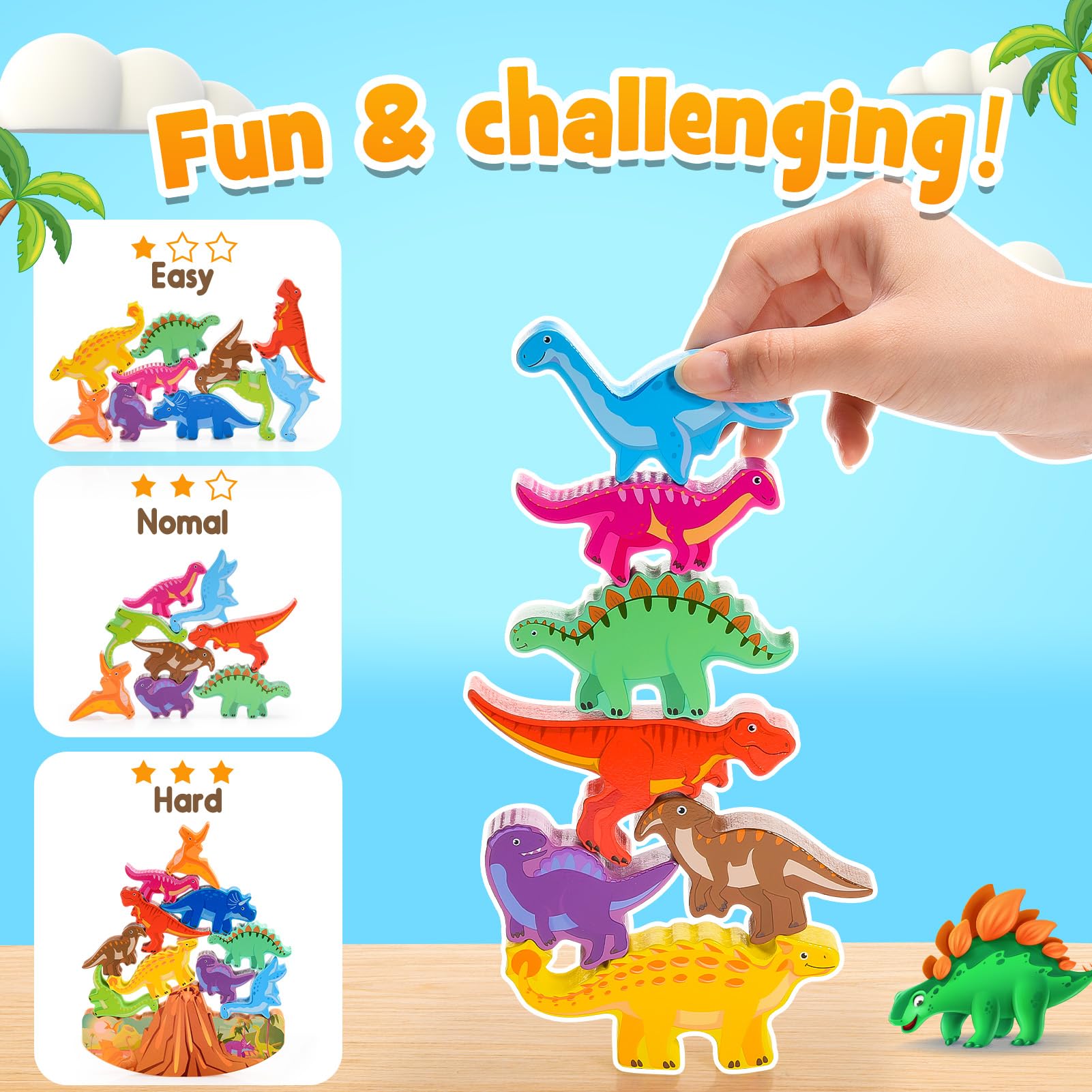Giochi Montessori In Legno Per Bambini 2-6 Anni, Dinosauri Con Pietre E Borsa, Regalo Educativo