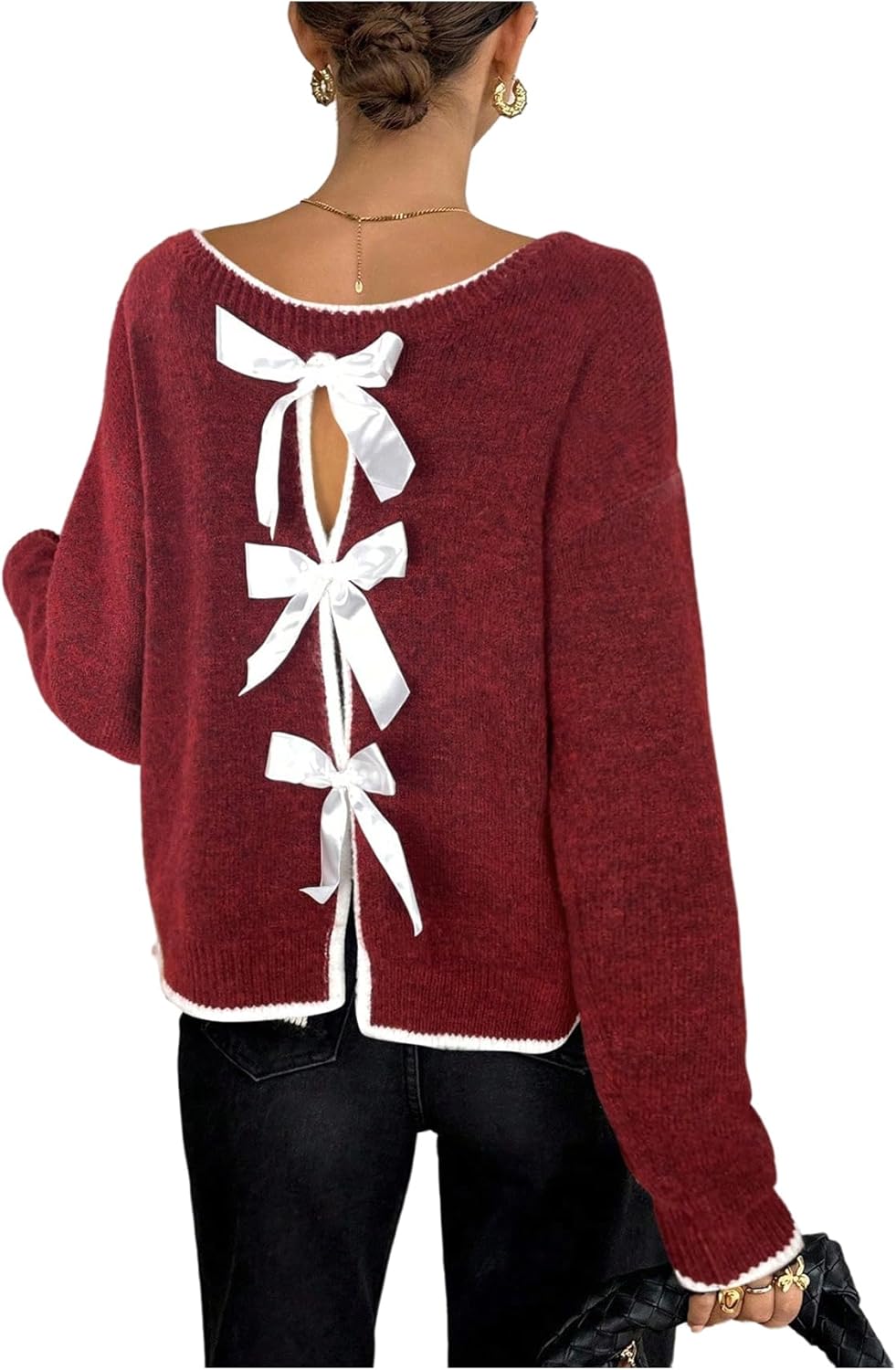 SOLY HUX Women's Sweaters Bowknot Backless Long Sleeve Knit Pullover Tops Fall Clothes