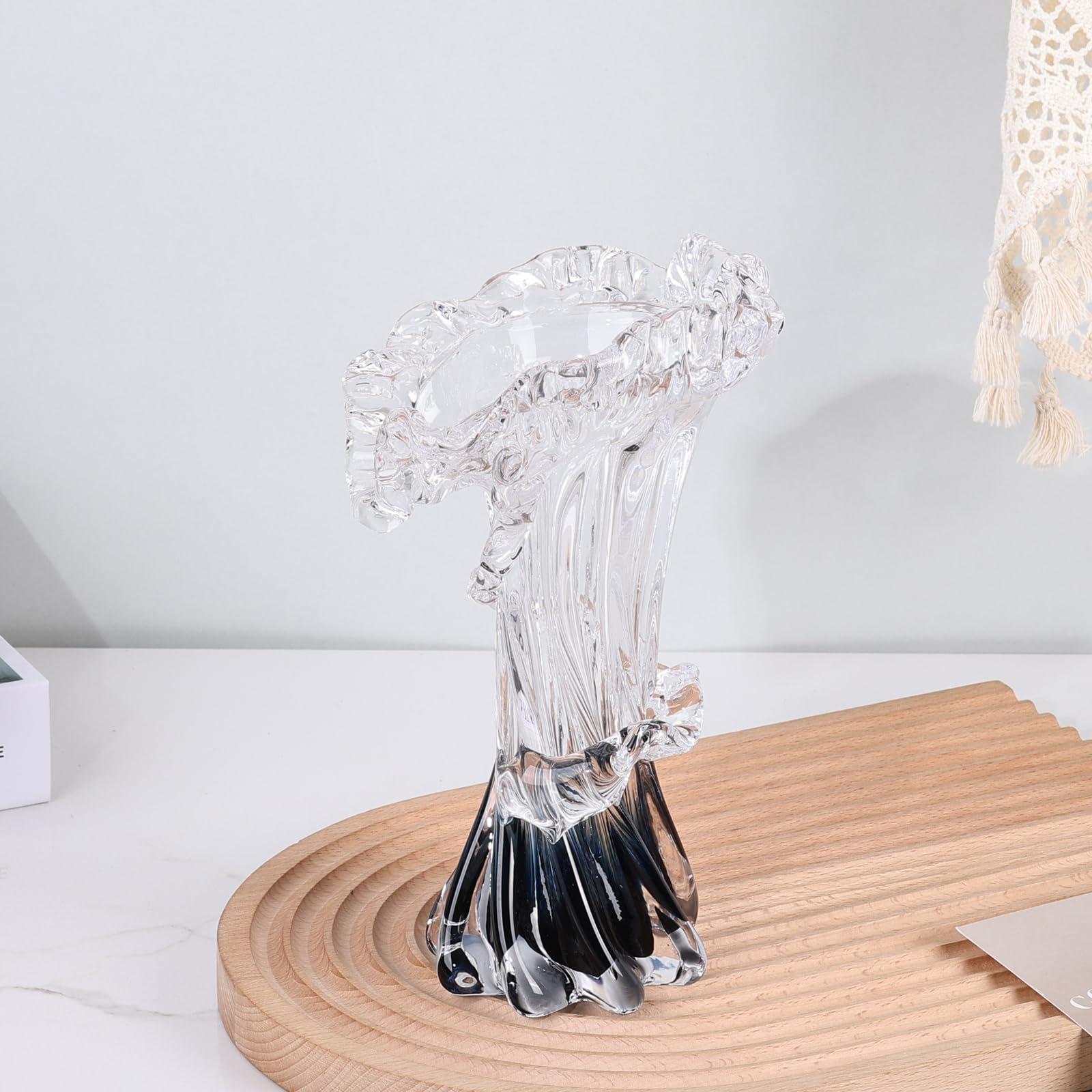 Vases Bleu Blanc Transparent à Dégradé d'Onde, Vase en Verre Soufflé à la Main de Murano en Art Décoratif Unique, pour Thème Océan, Pièce Centrale Côtière, Bureau Moderne, Entrée de Table