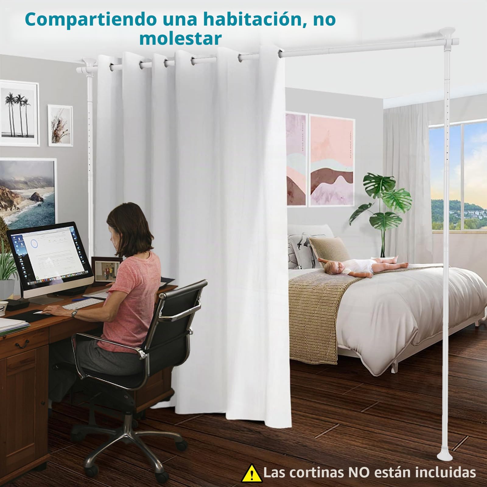 Divisor de ambientes, barra de cortina, flexible, ajustable, separador de habitaciones o barra de cortina, protección visual para salón, dormitorio u oficina de metal, 178 cm de ancho x 317 cm de alto