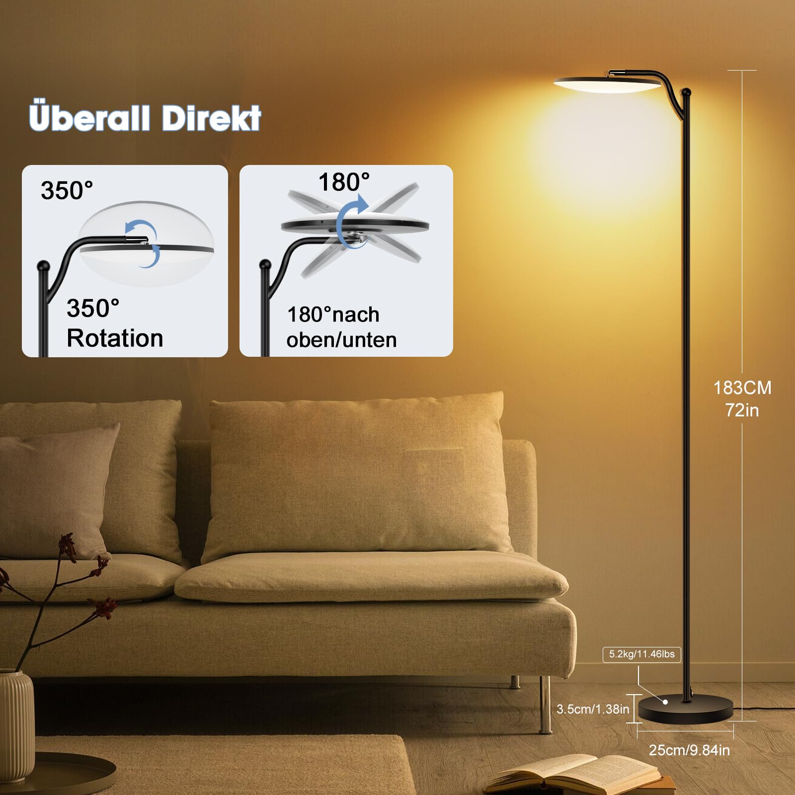 Oraymin Stehlampe Wohnzimmer 32W, Deckenfluter Stehleuchte Dimmbar mit Fernbedienung, 2700K-6500K Stehlampen LED Dimmbar Hohe Stehleuchte, Drehbare Stehlampe für Wohnzimmer Schlafzimmer Büro