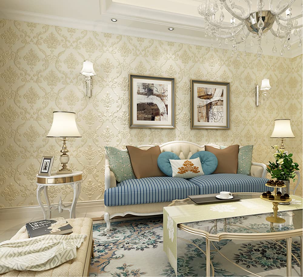 通用 20.87″Wx393.7″L Damask 3D Embossed Modern Minimalist Restaurant Bedroom Living Room TV Background Non-Woven Wallpaper 20.87″Wx393.12″L Non-Pasted (Light Beige) - Image 2