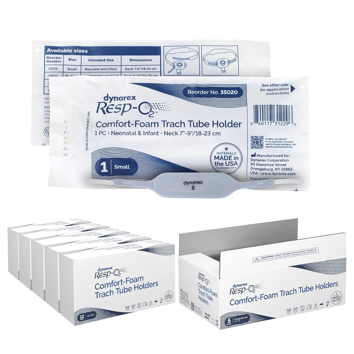 Dynarex Comfort-Foam Tracheostomy Tube Holder - with Soft Foam Tube Padding, Secure Hook & Loop Closure - Case of 60 (Small, Standard)