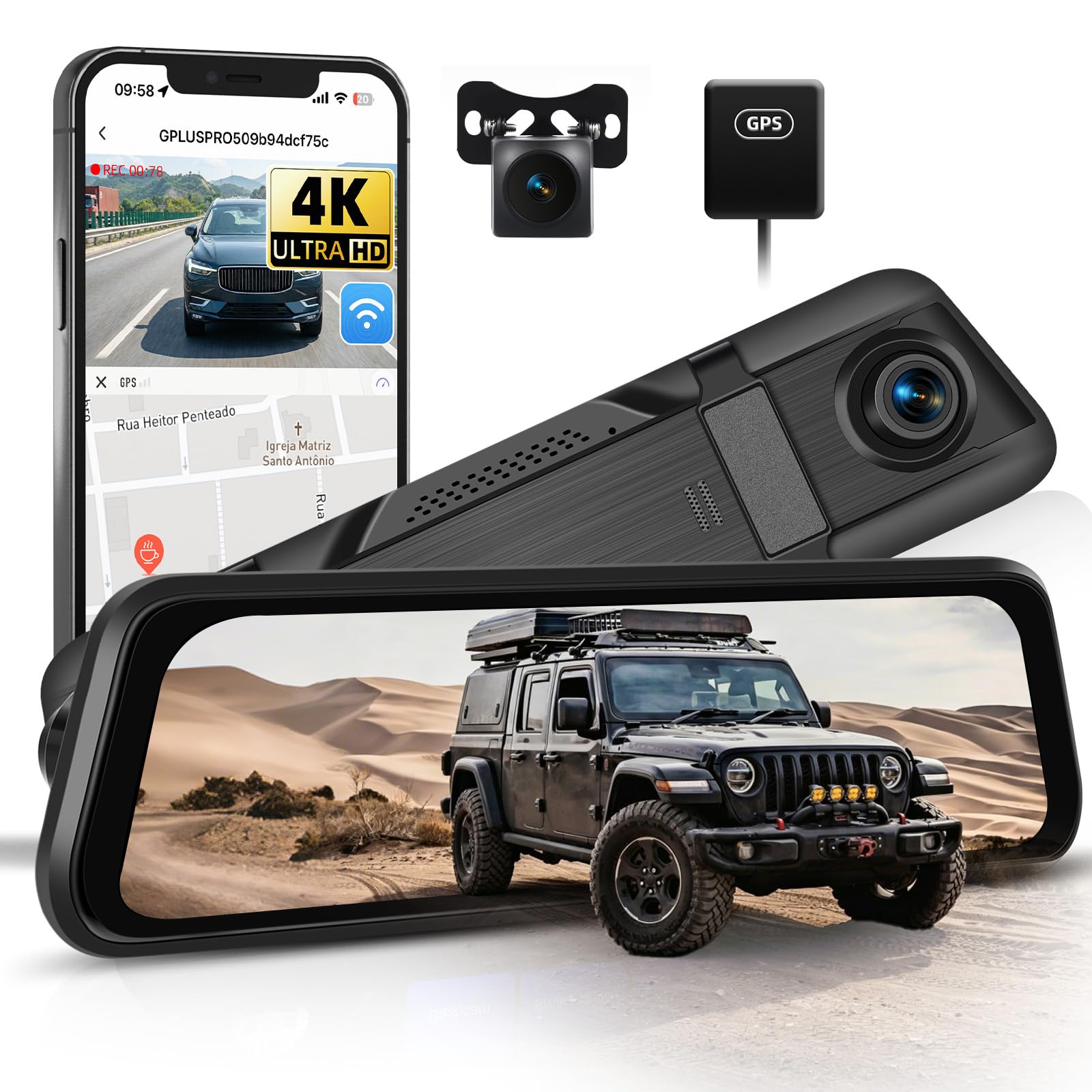 SIXWIN 4K Dashcam Espejo Retrovisor 9,66″ Pantalla Táctil con WiFi y App – Cámara Dual 4K+1080P, GPS, BSD/ADAS, Visión Nocturna, Grabación Cíclica, Sensor G, Asistente de Aparcamiento, Vigilancia 24h