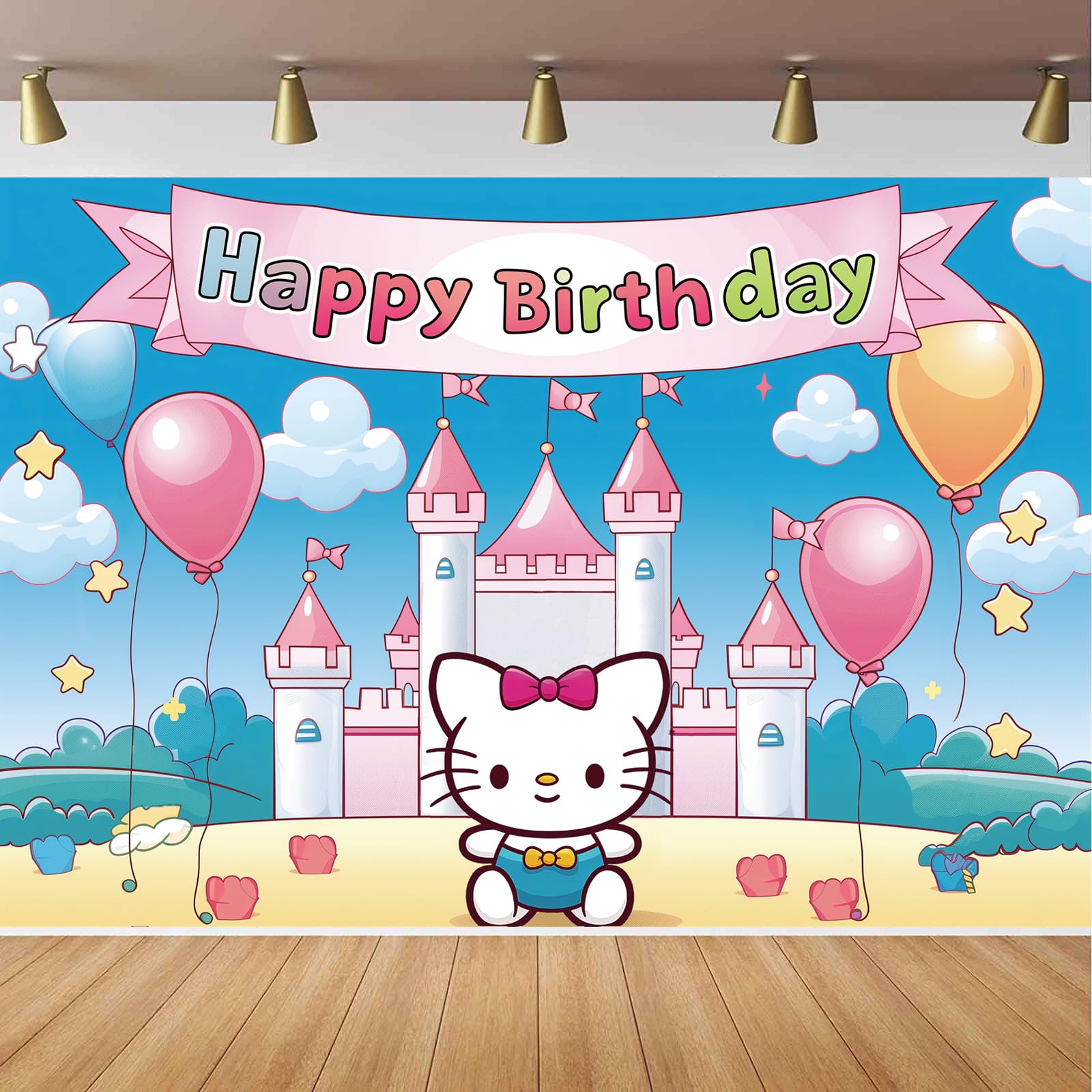 iweeta Pink Castle and Cute Cat Backdrop Birthday Decorations, Birthday Party Background Baby or Girl Birthday Banner Birthday Party Supplies (5x3ft)