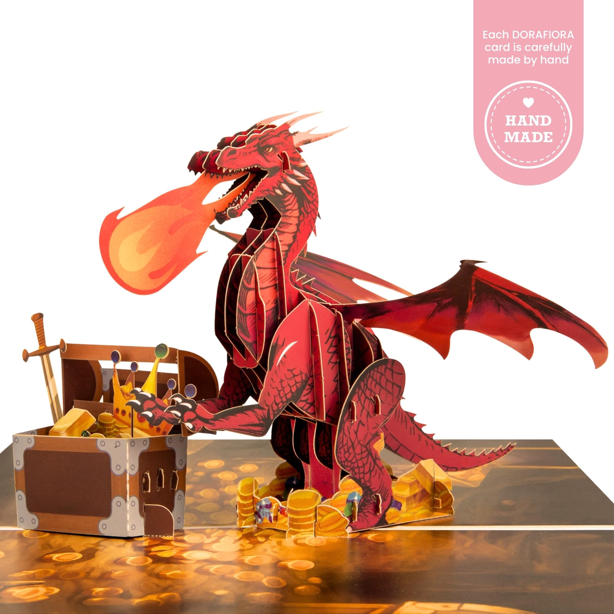 Kartka pop-up 3D, smok ze skrzynią skarbów – fantazyjna kartka z życzeniami dla dzieci i dorosłych, kartka pop up na urodziny, dla fanów DnD i fantasy, w zestawie koperta