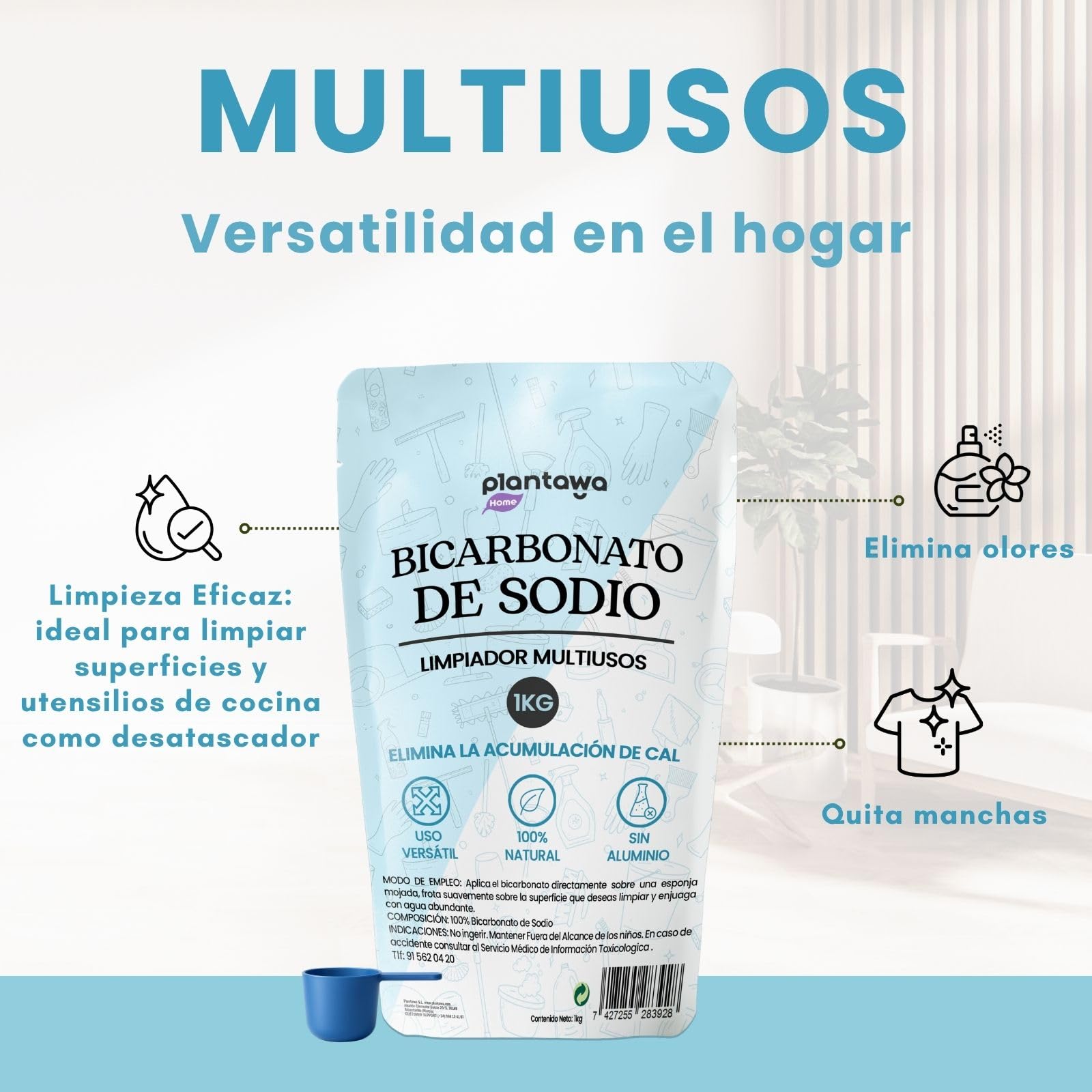 PLANTAWA Bicarbonato de Sodio 1kg Doypack | Polvo Multiusos para Limpieza del Hogar | Cierre Resellable | Alta Solubilidad | Bicarbonato Sódico Puro | Baking Soda Limpieza