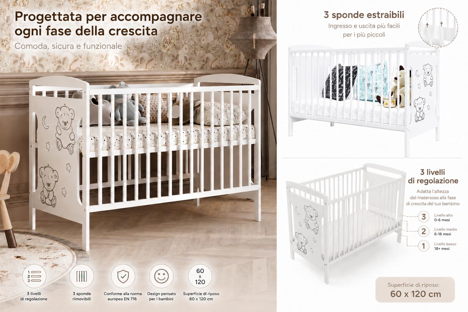 Generico Lettino Ted 60x120cm con Materasso 120x60x6 cm