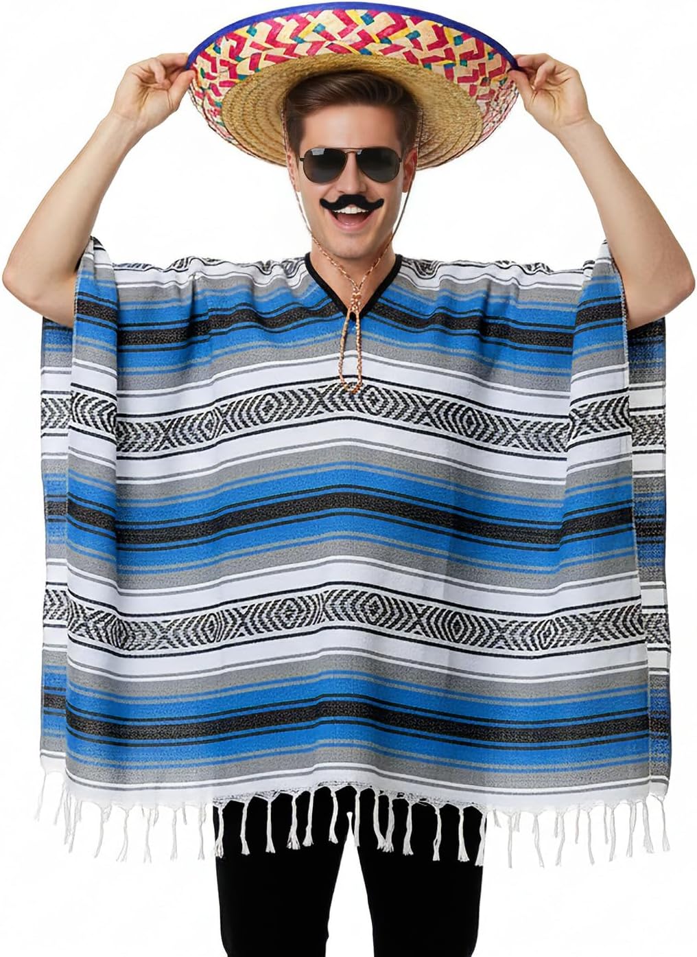 Yahenda 4 Pcs Colrful Costume Set for Adults Include Colrful Serape Poncho Sombrero Sunglasses Moustache