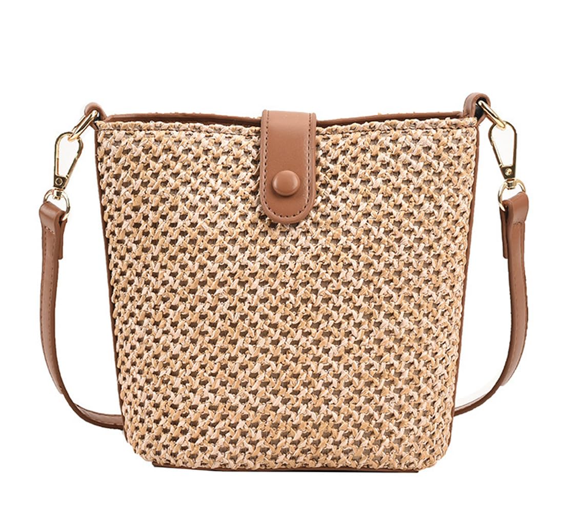 Women Straw Crossbody Bag Beach Handmade Rattan Shoulder Bags Hand Woven Leather Straps Straw Clutch Purse Vacation