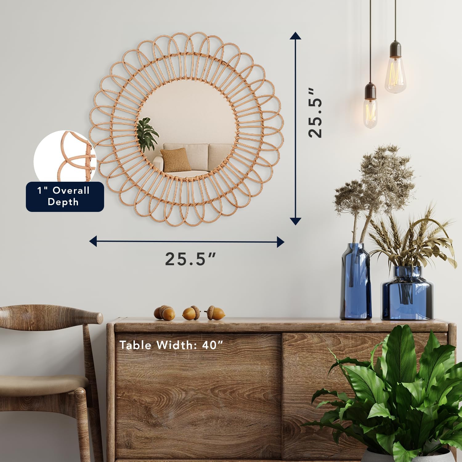 American Art Decor Round Decorative Wall Mirror - Boho Woven Rattan Mirror - Small Hanging Accent Mirror for Living Room, Bedroom, Kitchen, Bathroom, Entryway & More (25")