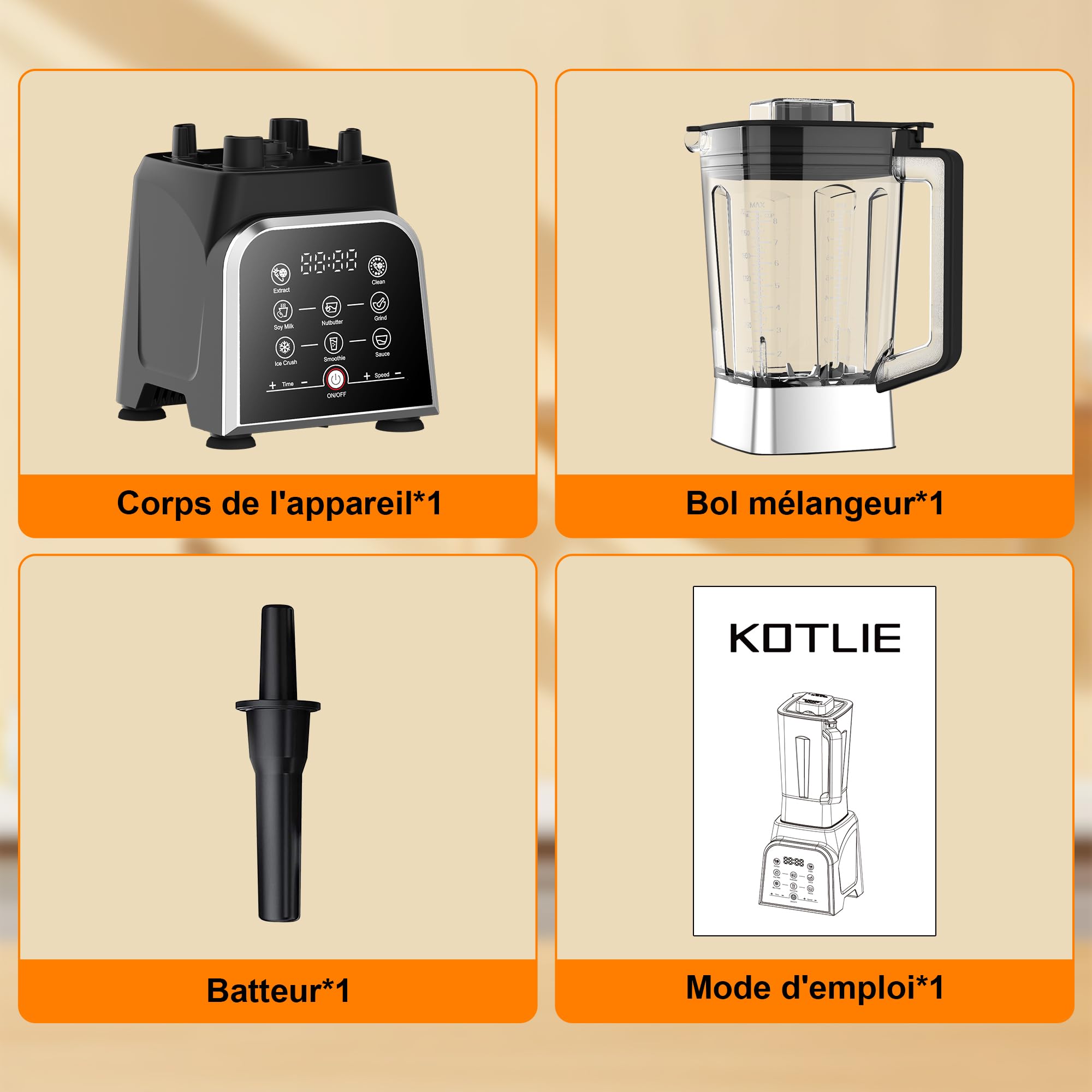 KOTLIE Mixeur blender, 2000W, appareil à smoothie avec bol 2L
