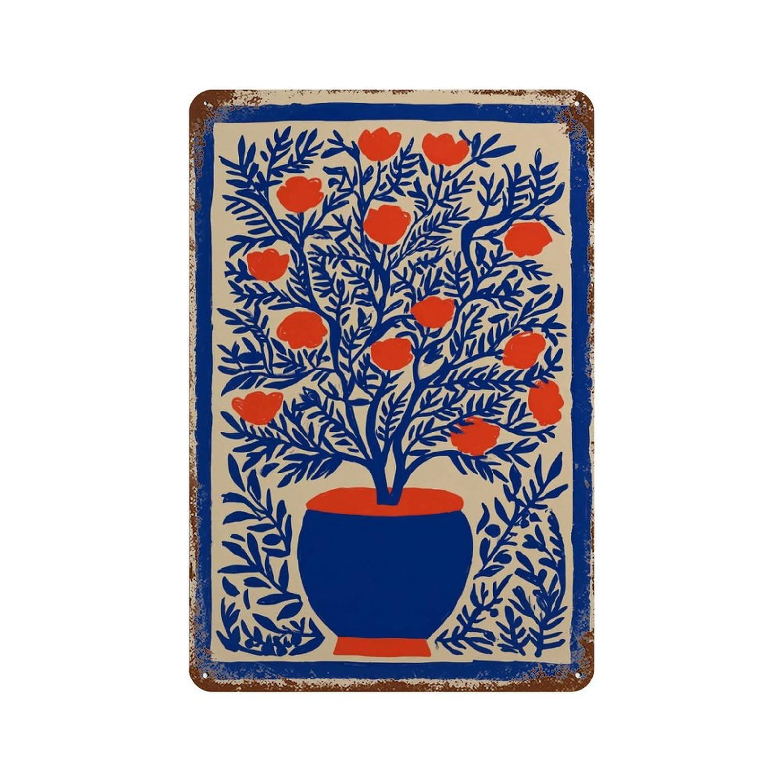 xiaoxiaoshen Bold Floral Modern Botanical Vibrant Plant Contemporary Blue And Orange Work Min Wall Decor Art Metal Tin Poster Modern Home Decor Art Home Bar Shop Decorations Vintage Sign 30x20cm
