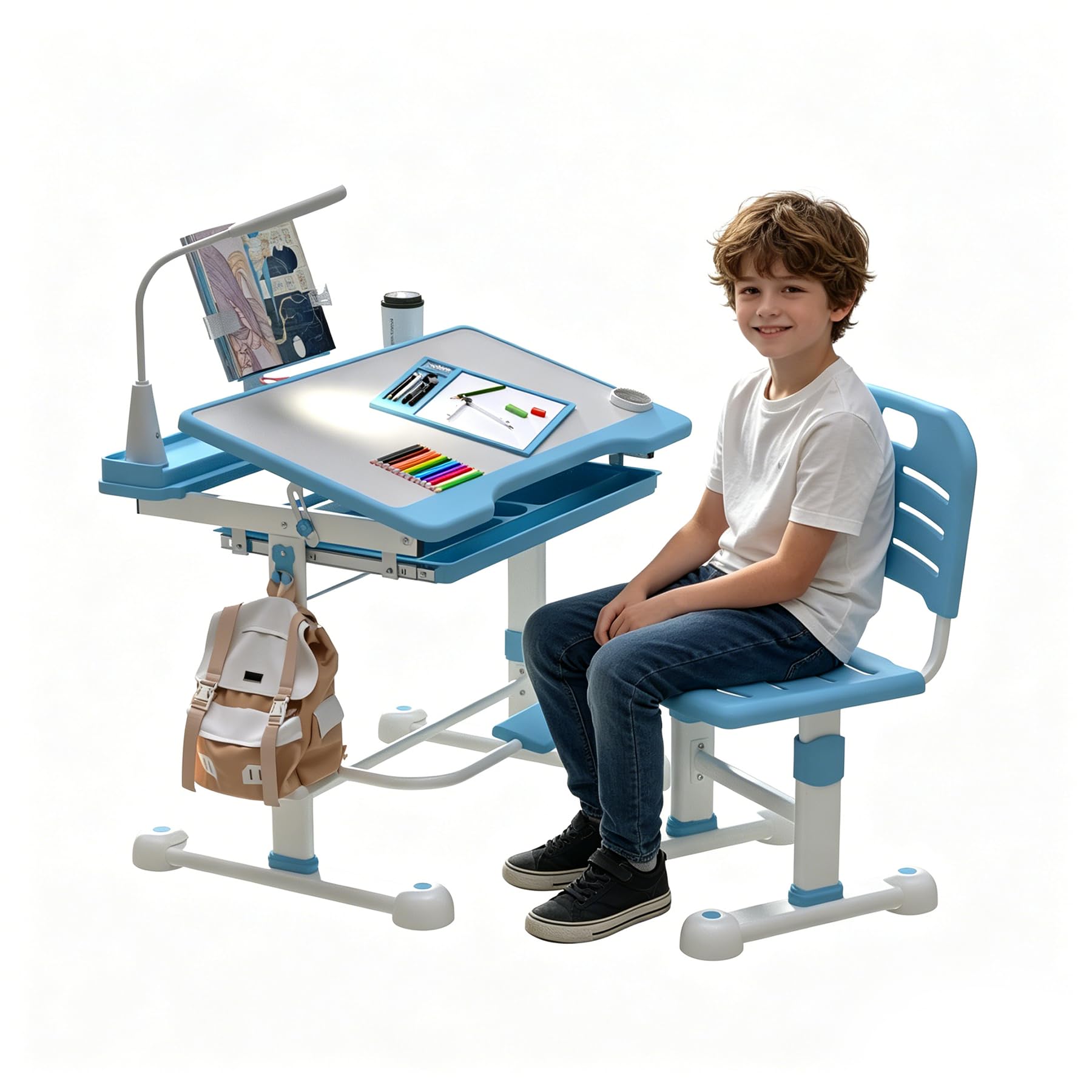 YLGJ&TIDY Schreibtisch Kinder, Kinderschreibtisch und Stuhl Set, Höhenverstellbar Kinderschreibtisch für Kinder 3-12 Jahre, Mehrfunktional Kinderschreibtisch mit, Aufbewahrung, Malen & Lesen (Blau)