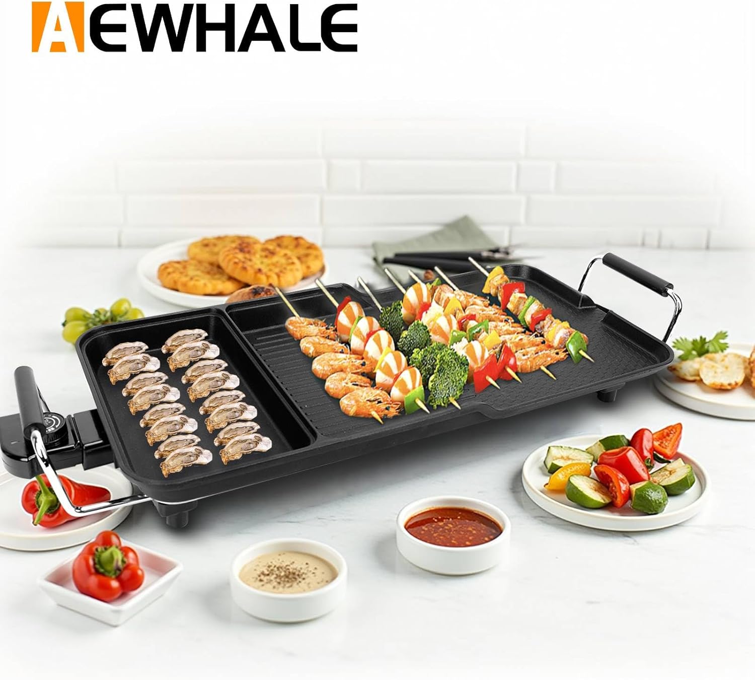 AEWHALE 3-in-1 Electric Nonstick Griddle Grill 1800W,Teppanyaki Grill with Removable Temperature Control & Drip Tray for Pancakes Burgers Eggs,22"x 10.5"