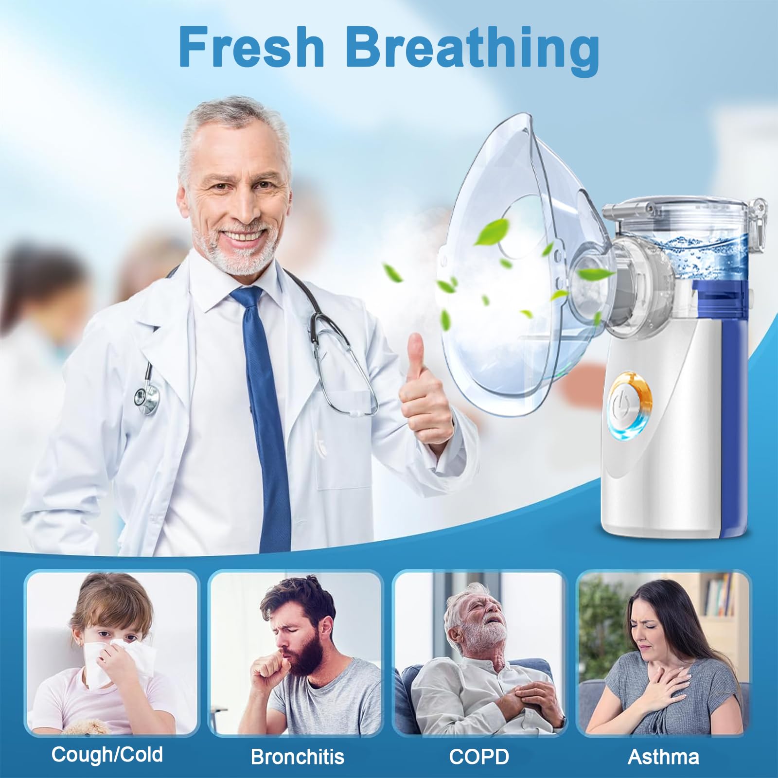 Aerosol Portatile Silenzioso, Wholede Macchina Aerosol per Adulti e Bambini, Aerosol Ultrasuoni con 2 Maschere E Boccaglio, 2 Modalità Regolabili, USB-C Ricaricabile(Blu)