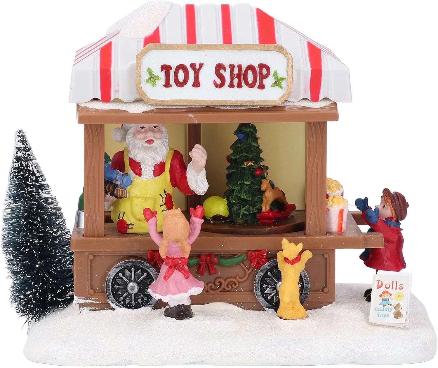 Christmas LED Lighted Popcorn Wagon & Toy Shop Battery Operated Resin Musical Animated Christmas Scene Snow House with Light for Christmas Village Home Table Display Decor (Toy