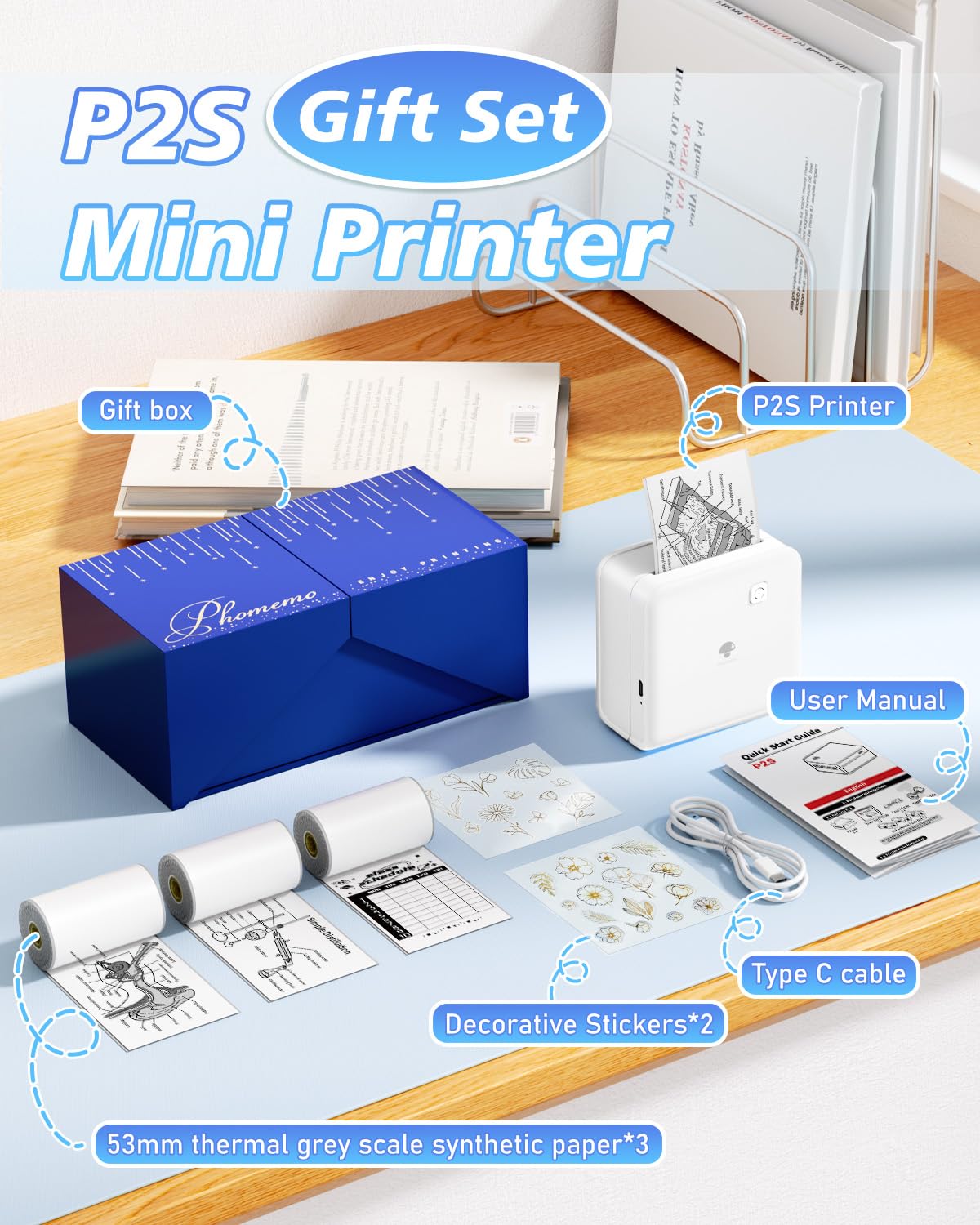 Phomemo P2S Mini Drukarka Fotograficzna, Mini Drukarka Bluetooth, Przenośna Drukarka Termiczna 300 dpi z 3 Rolkami Papieru, Kompatybilna z iOS i Androidem, do zdjęć, zdjęć, prezentów