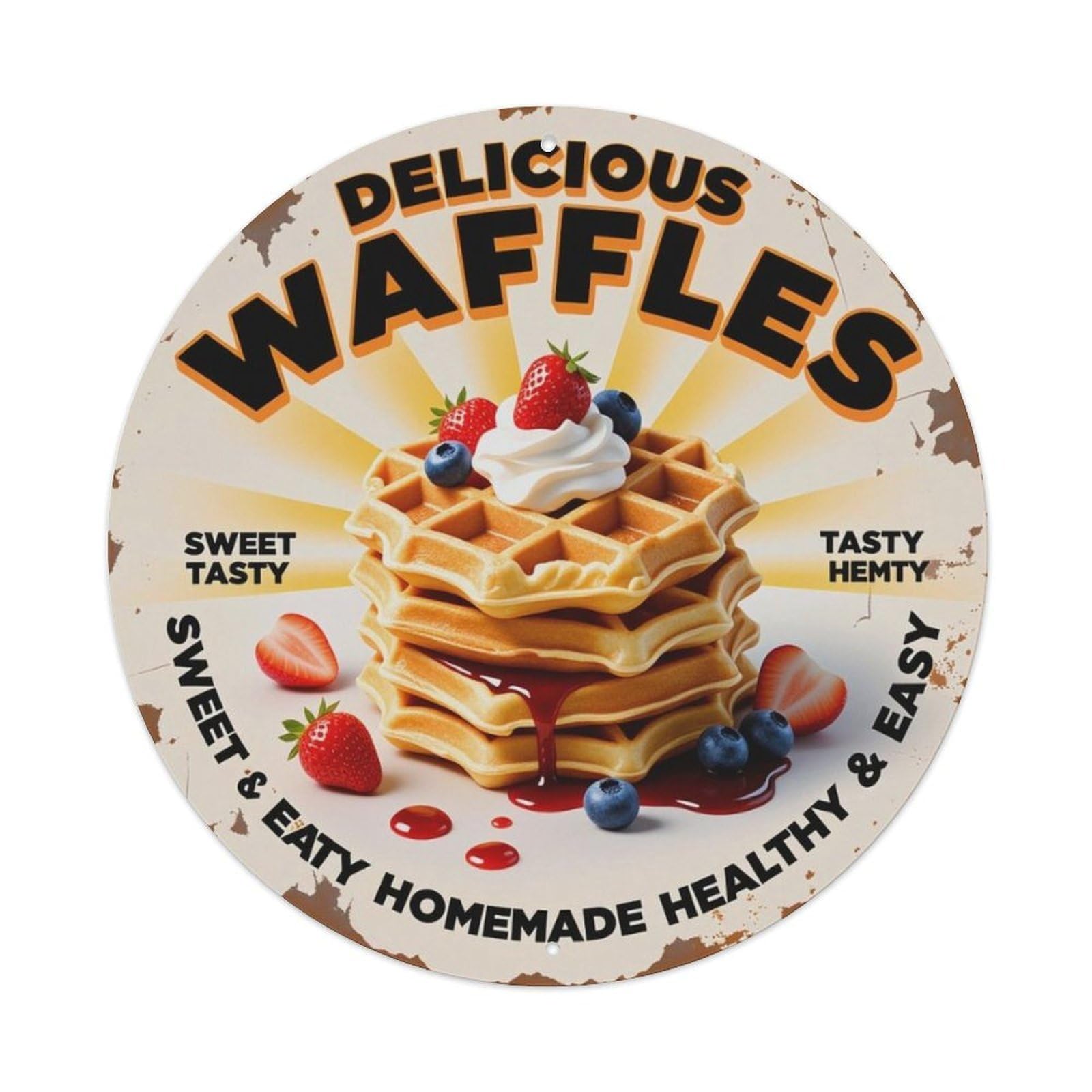 Ldfuieksufg Style Delicious Waffles Vintage Bakery Round Decor Sign Vintage Aluminium Metal Sign, Retro Wall Decor For Home, Bar, Garage & Farmhouse 20X20cm