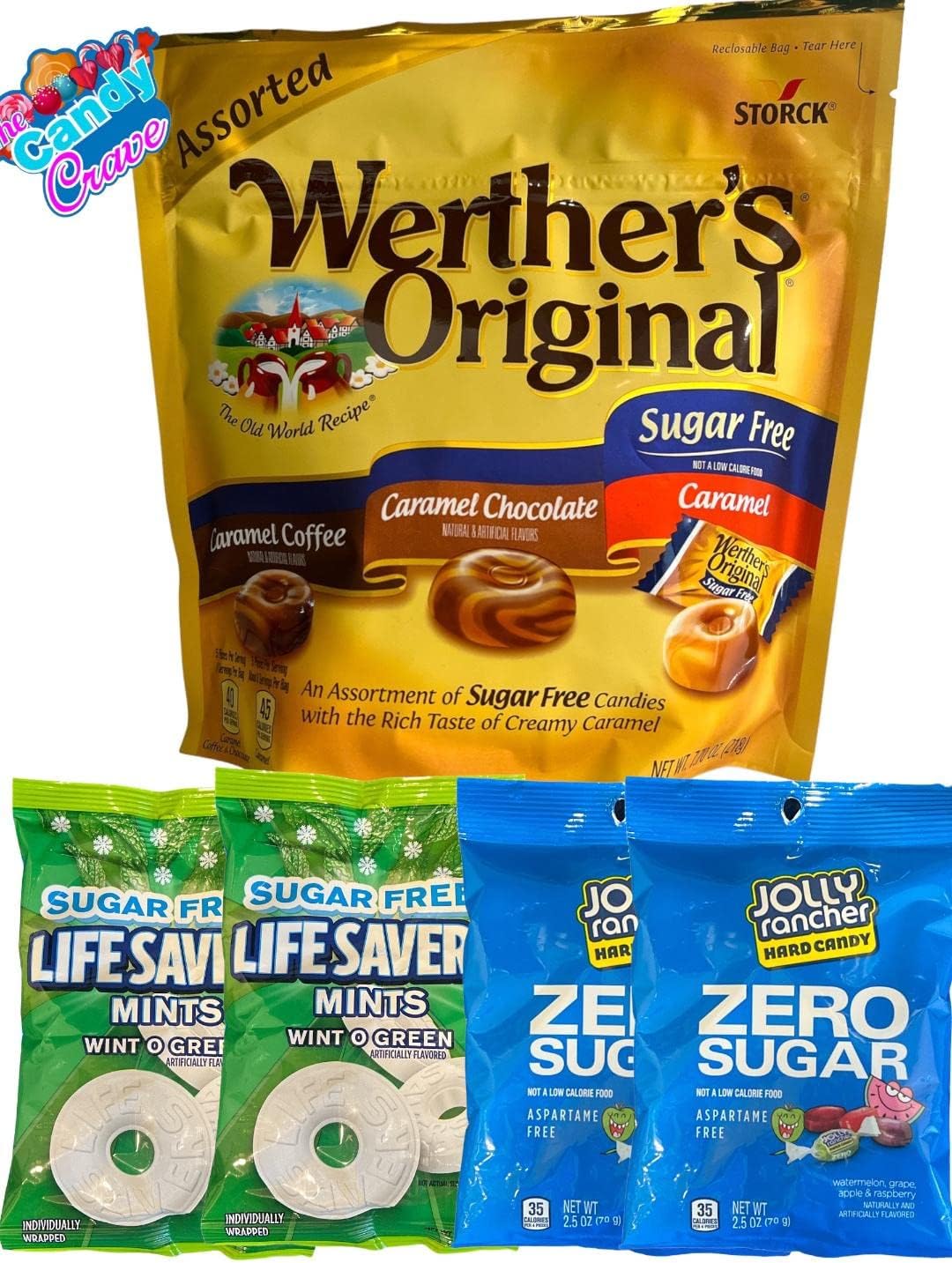 Sugar Free Hard Candy | 5 PK | Individually Wrapped Zero Sugar Jolly Ranchers, Sugar Free Werther's Original Caramel /Caramel Chocolate/Caramel Coffee and Sugar Free Wint O Green Life Savers Mints | No Sugar Bulk Candy Bundle by The Candy Crave (5 Pack)