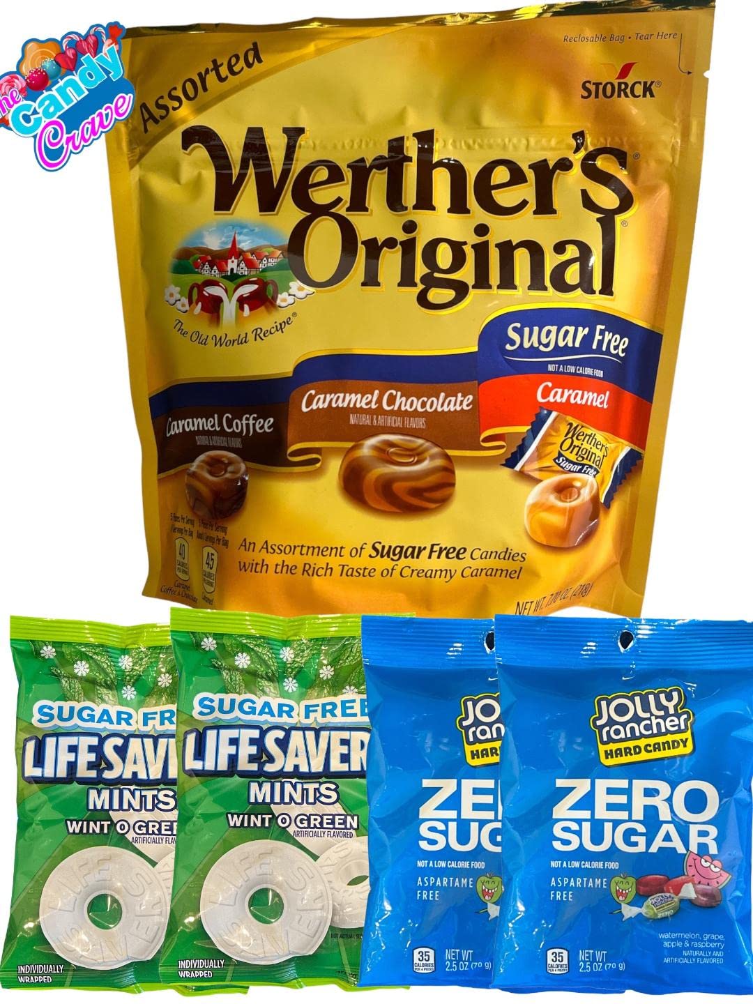 Sugar Free Hard Candy | 5 PK | Individually Wrapped Zero Sugar Jolly Ranchers, Sugar Free Werther's Original Caramel /Caramel Chocolate/Caramel Coffee and Sugar Free Wint O Green Life Savers Mints | No Sugar Bulk Candy Bundle by The Candy Crave (5 Pack)