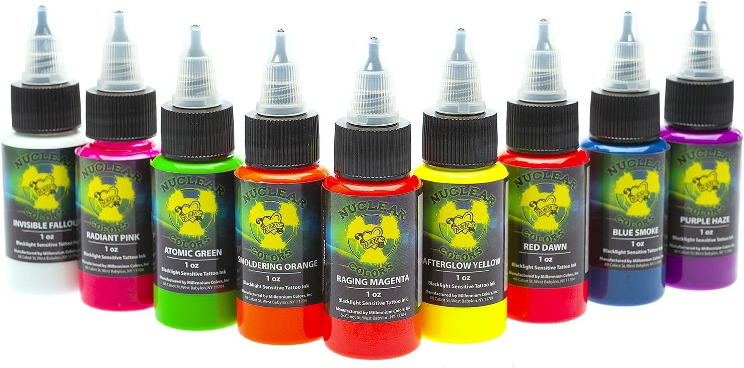 Nuclear UV Invisible Tattoo Ink Set - UV Fallout Millenium Moms - 1oz 9 Bottles