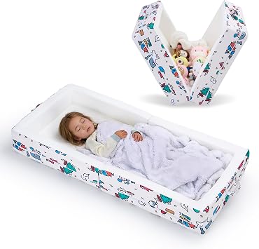 UMoving Portable Folding Toddler Travel Bed - Airlayer Fabric Soft Foam Floor Crib with Safety Rail, No Assembly Required, Washable Cover, Compact Kids Sleep Solution for Home, Travel, Daycare, Cream