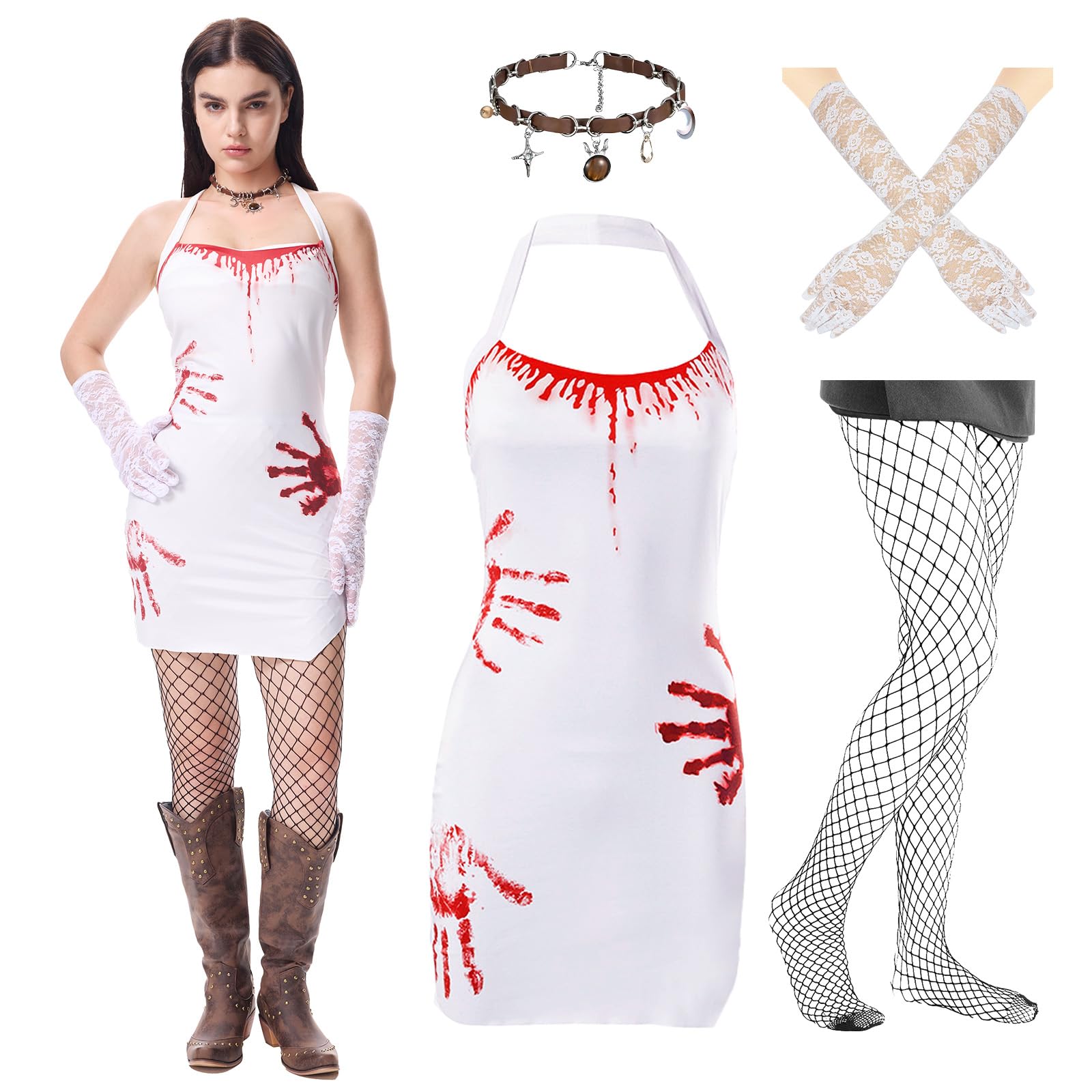 Crazycos Women’s Halloween Bloody Dress with Fake Blood Stains & Lace Gloves Gothic Party Costume Cosplay Outfit Haunted Theme Party Scary Elegant Design Halloween Costume for Adult Ladies-M White - Image 2